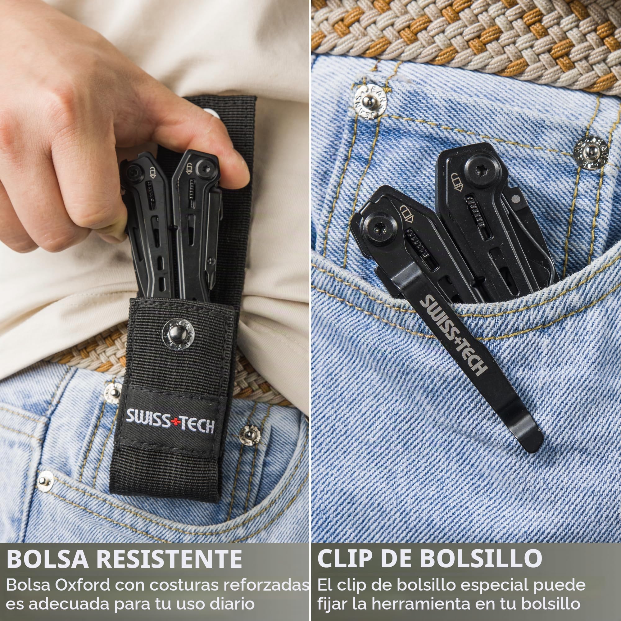 Swiss+Tech Alicate Multiherramienta 16 en 1, Negro | Herramienta Multifuncional de Acero Inoxidable con Sierra, Destornillador, Lima y Navaja Multiusos para Camping y Senderismo
