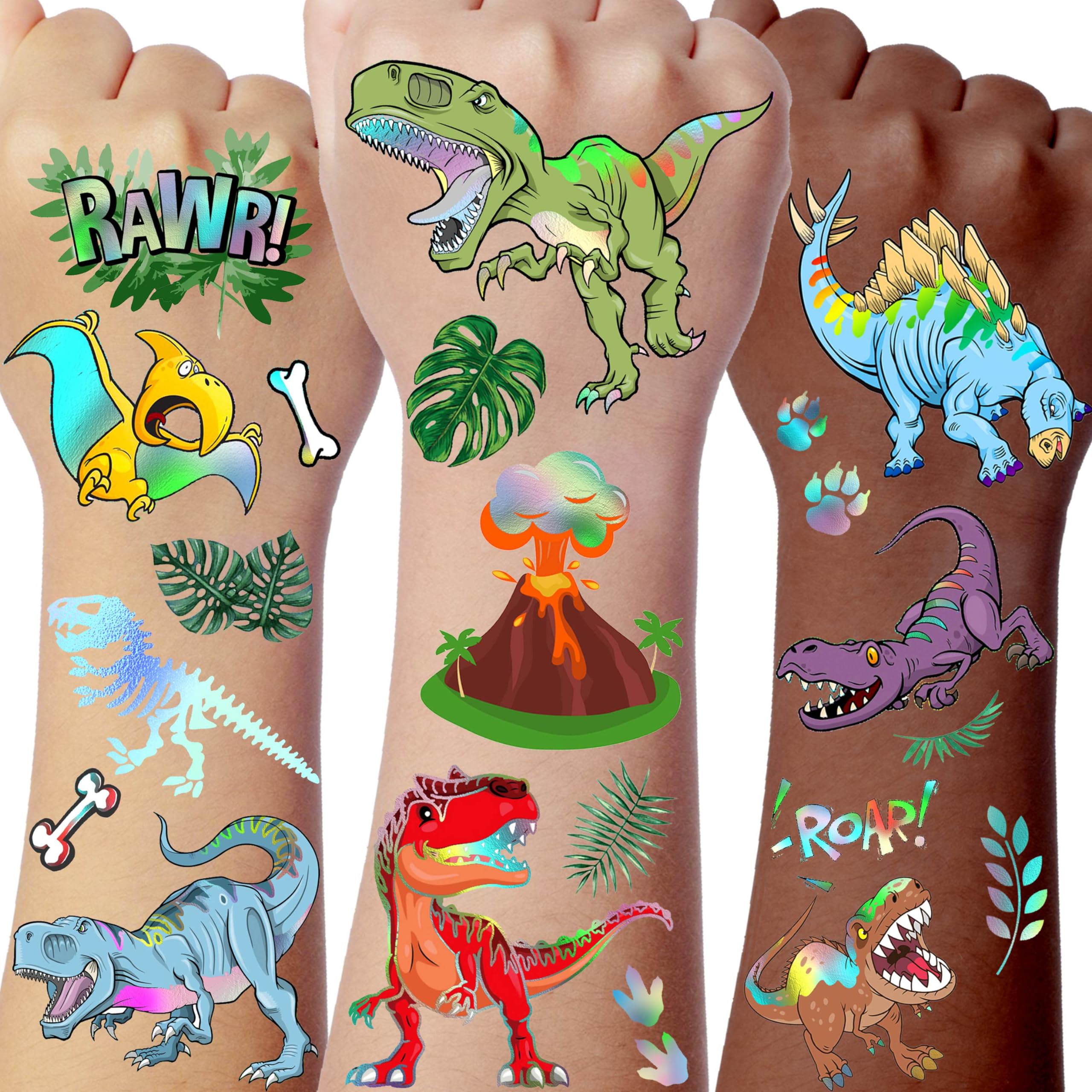 Iridescent Metallic Dinosaur Temporary Tattoos For Kids Boys Girls Teens - 3D 89+ Fake Glitter Dinosaur Tattoo Stickers, Cartoon Dino T-Rex Birthday Party Favor Supplies, Stocking Goodie Bags Stuffers