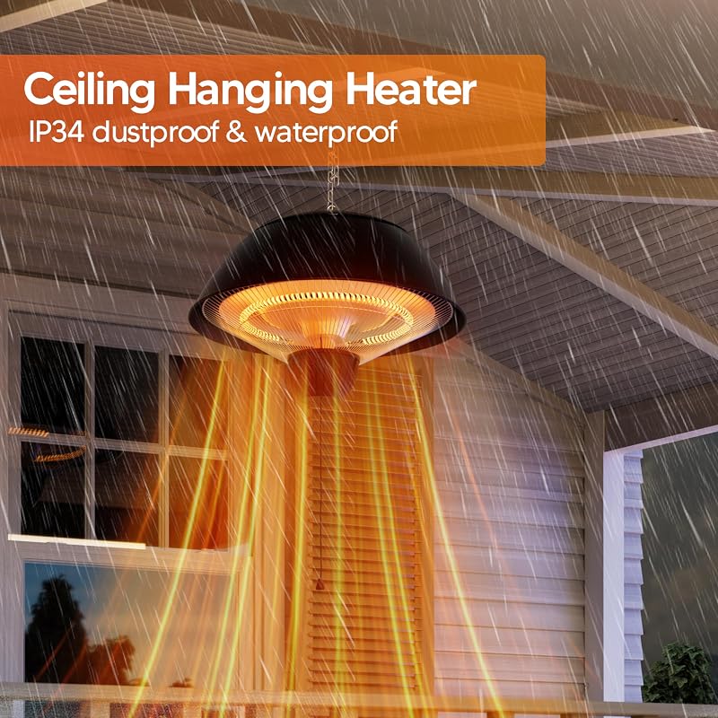Electric Outdoor Heater, 1500W Hanging Ceiling Mounted Infrared Patio Heater for Outdoor Use, Waterproof Electric Heater for Porch, Balcony, Garage, Adjustable Height, Black image 2