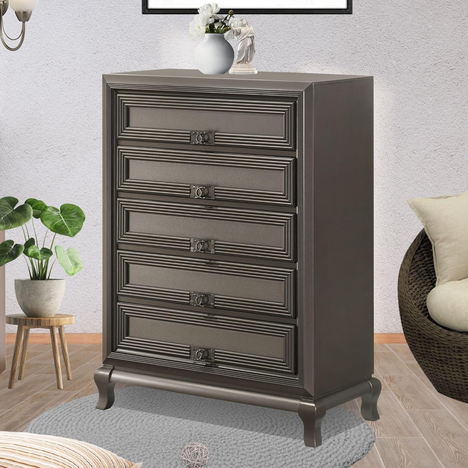 Kings Brand Furniture Tyler 6-Piece Queen Size Bedroom Set - Bed with LED Headboard, Dresser, Mirror, Chest and 2 Nightstands, Metallic Gray