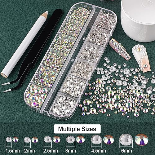 Miniatura 2 de 5320 gemas faciales para maquillaje con pegamento, cuentas coloridas y gemas redondas de cristal AB y transparentes, perlas planas blancas y beige y