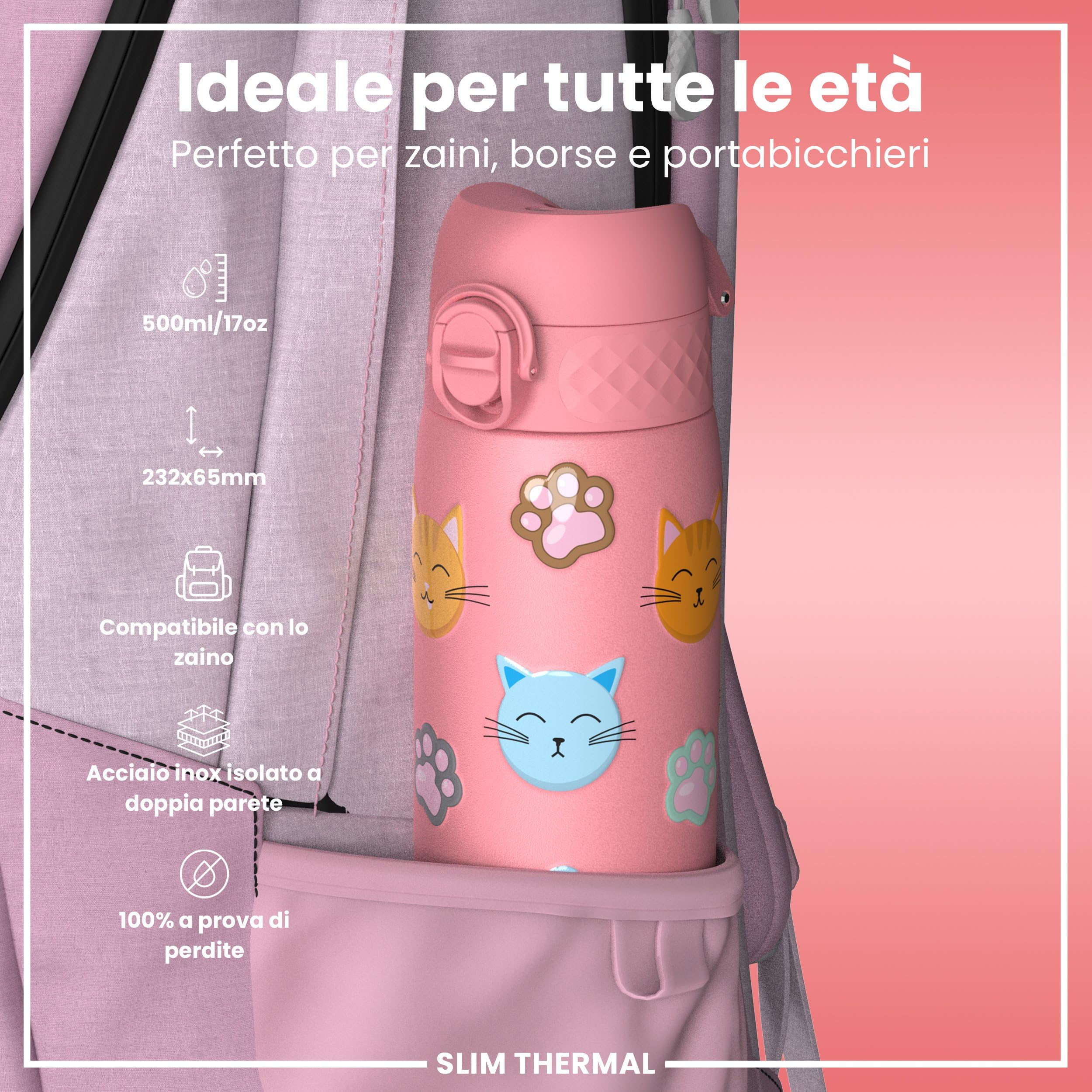 Ion8 Borraccia Termica in Acciaio Isolato, 500ml, a Prova di Perdite, Facile da Aprire, Serratura Sicura, Lavabile in Lavastoviglie, Maniglia per il Trasporto, Facile Pulizia, Durevole,Gatti