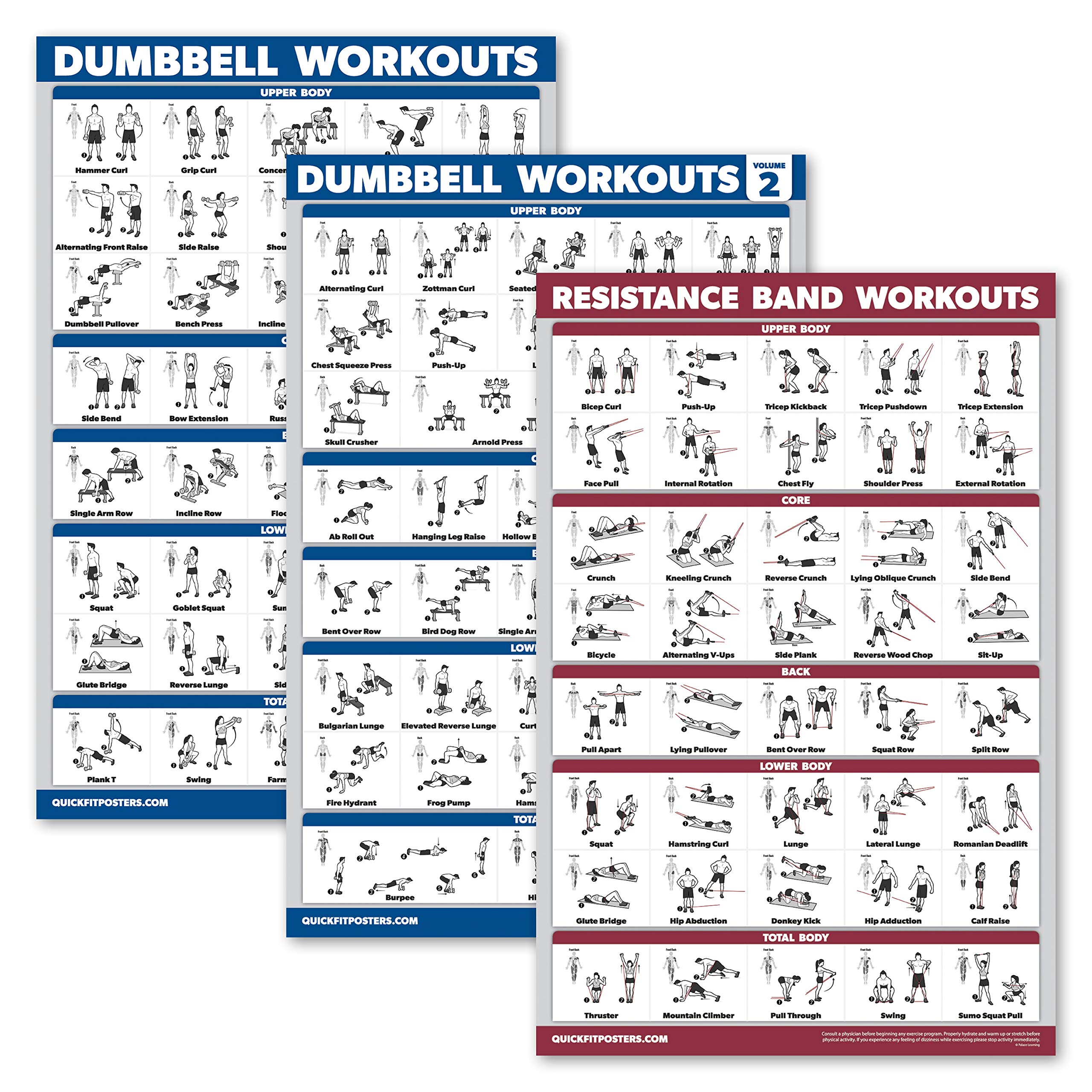 Palace Learning 3 Pack: Dumbbell Workouts Posters Volume 1 & 2 + Resistance Bands Exercises - Set of 3 Workout Charts
