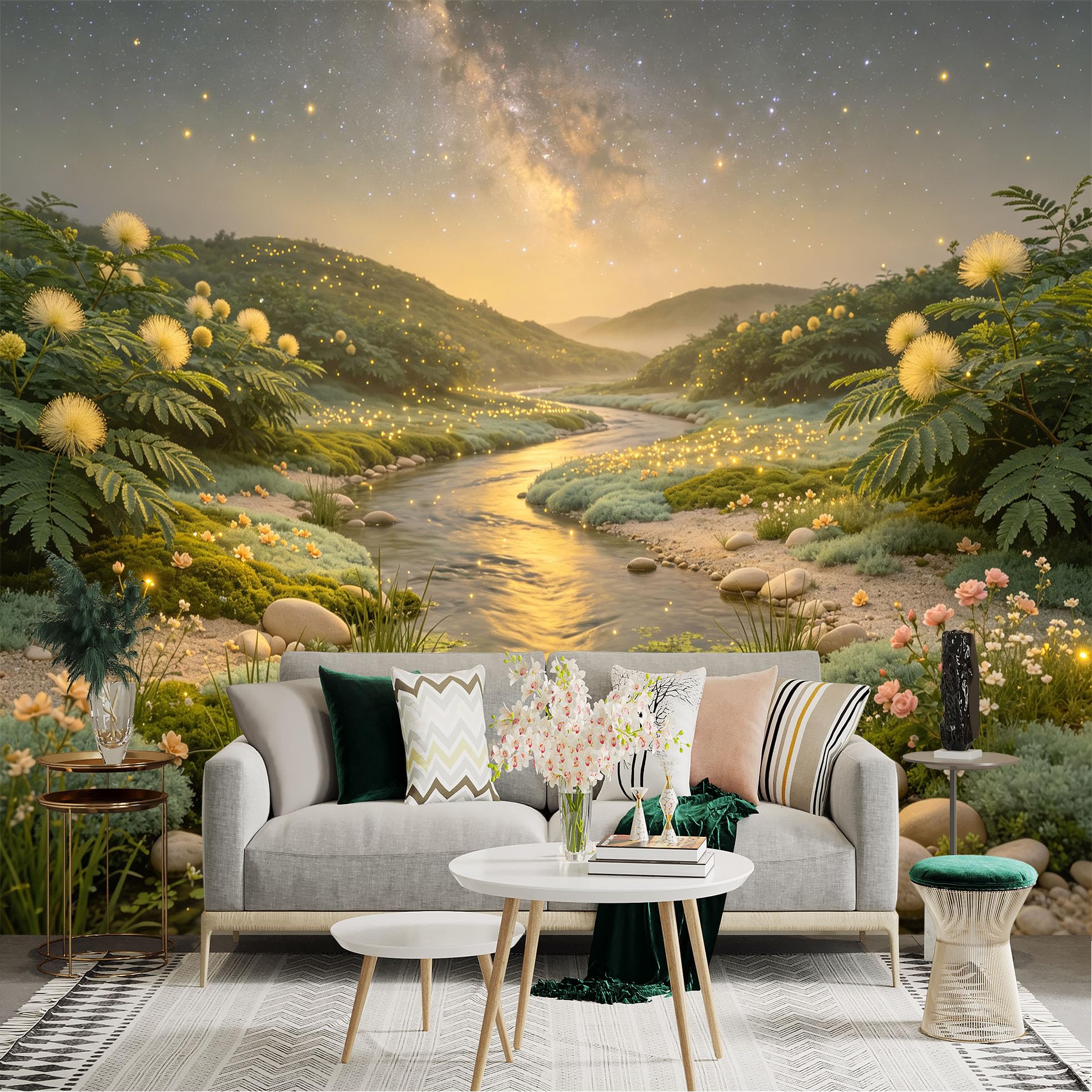 Lnzczhyre Bh260719335 Custom Size Wall Sticker Mural， Dreamy River Landscape With Glowing Fireflies， Soft Milky Way Sky， Peaceful Nature Scenery， For Wall Decoration， Peelandstick Wall Decals.