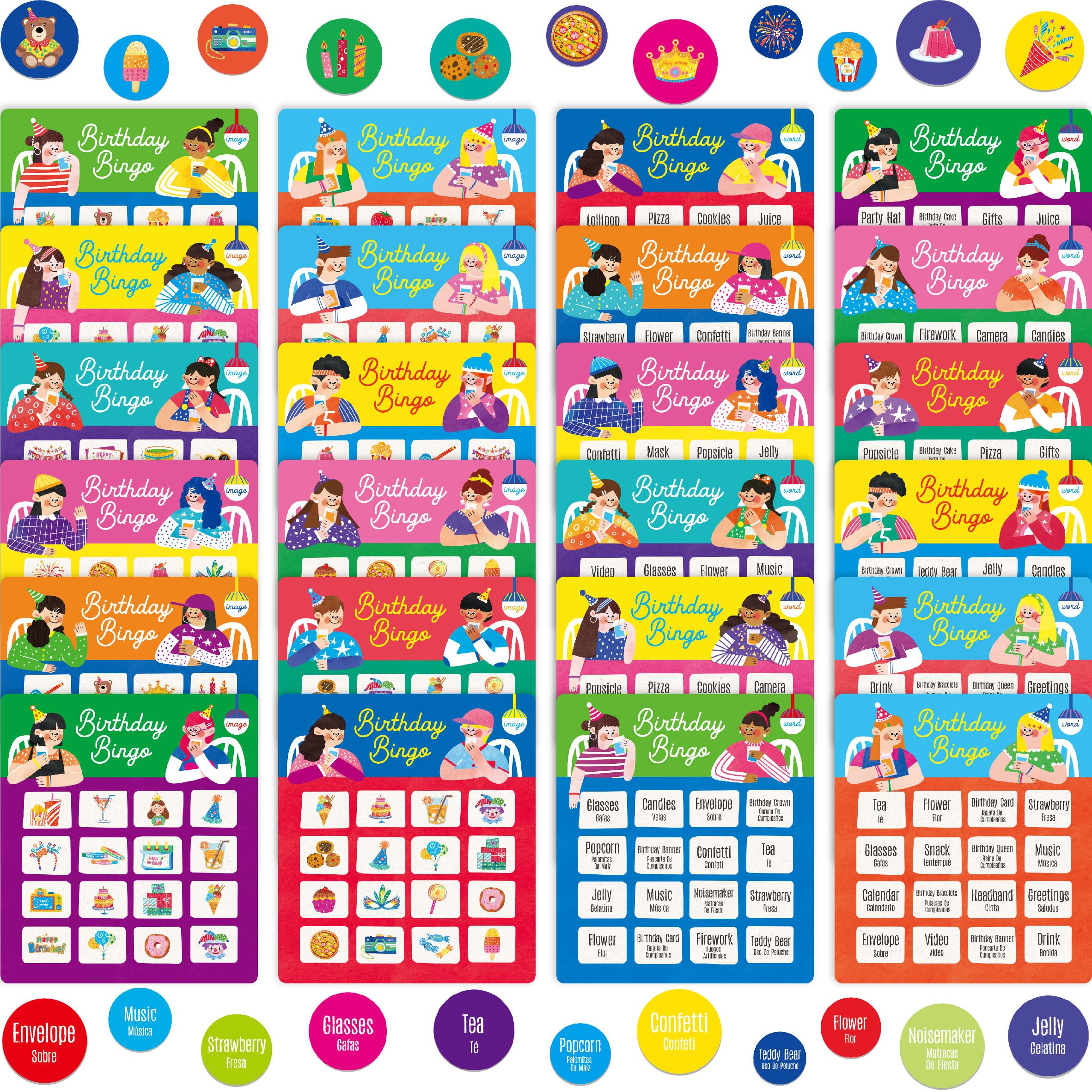 Geburtstags-Bingo-Spiel, 12 Zweisprachige Englisch- und Spanisch-Bingo-Brett-Spiel, 12 Spieler Bingo-Spiel-Set für Teenager oder Erwachsene Geburtstagsparty, Lustige Geburtstagsaktivität Dekoration