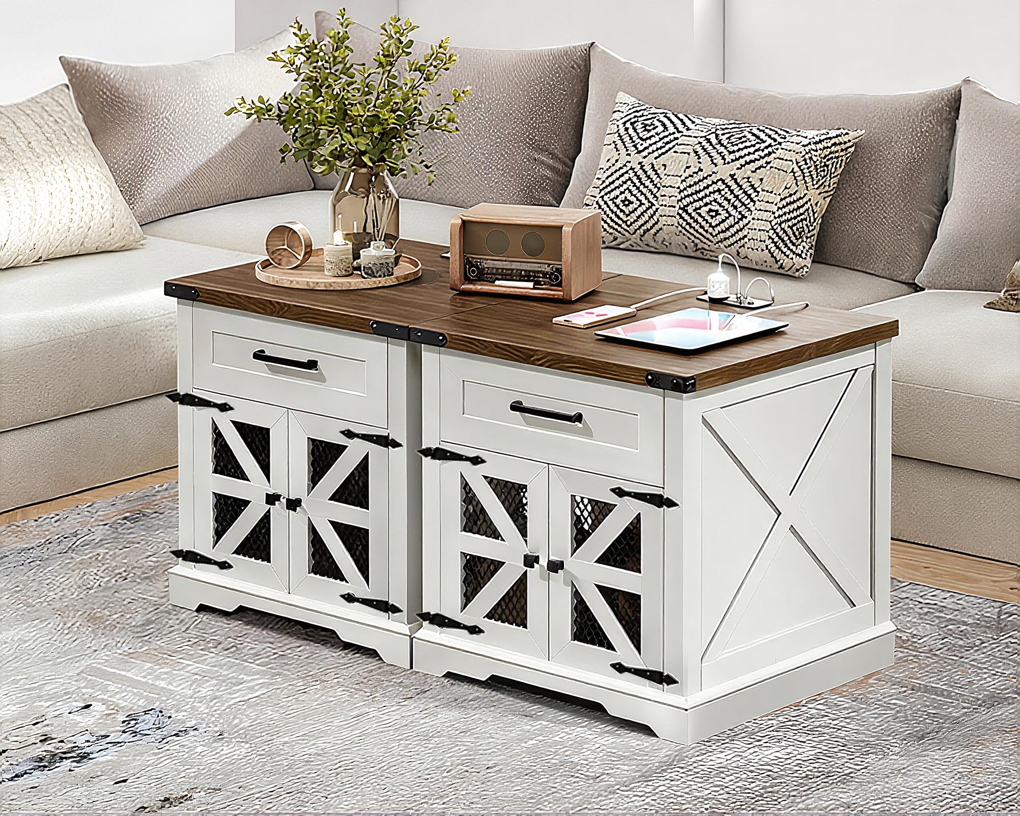 RALGEND White Farmhouse End Table Set of 2, 24" Large Sofa Side Table with Drawer, Large End Table for Living Room, Wooden Nightstand with Charging