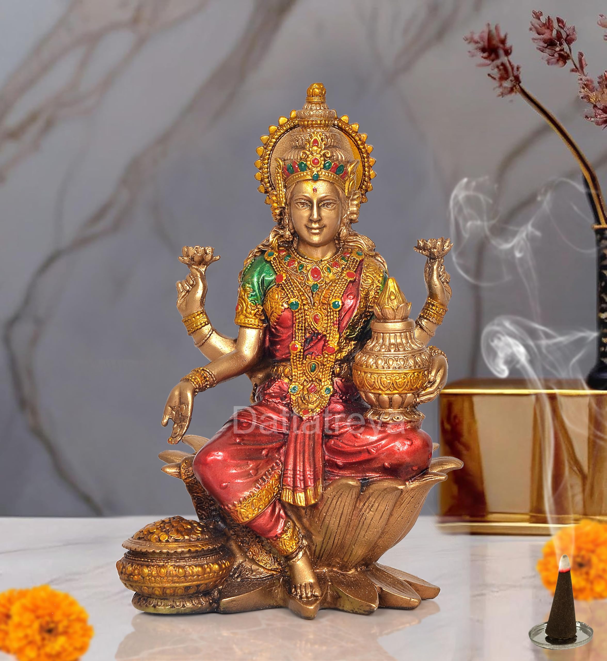 Cold Cast Handcrafted Lord Lakshmi Murti Sitting On Lotus in Resin, Height : 7 inch