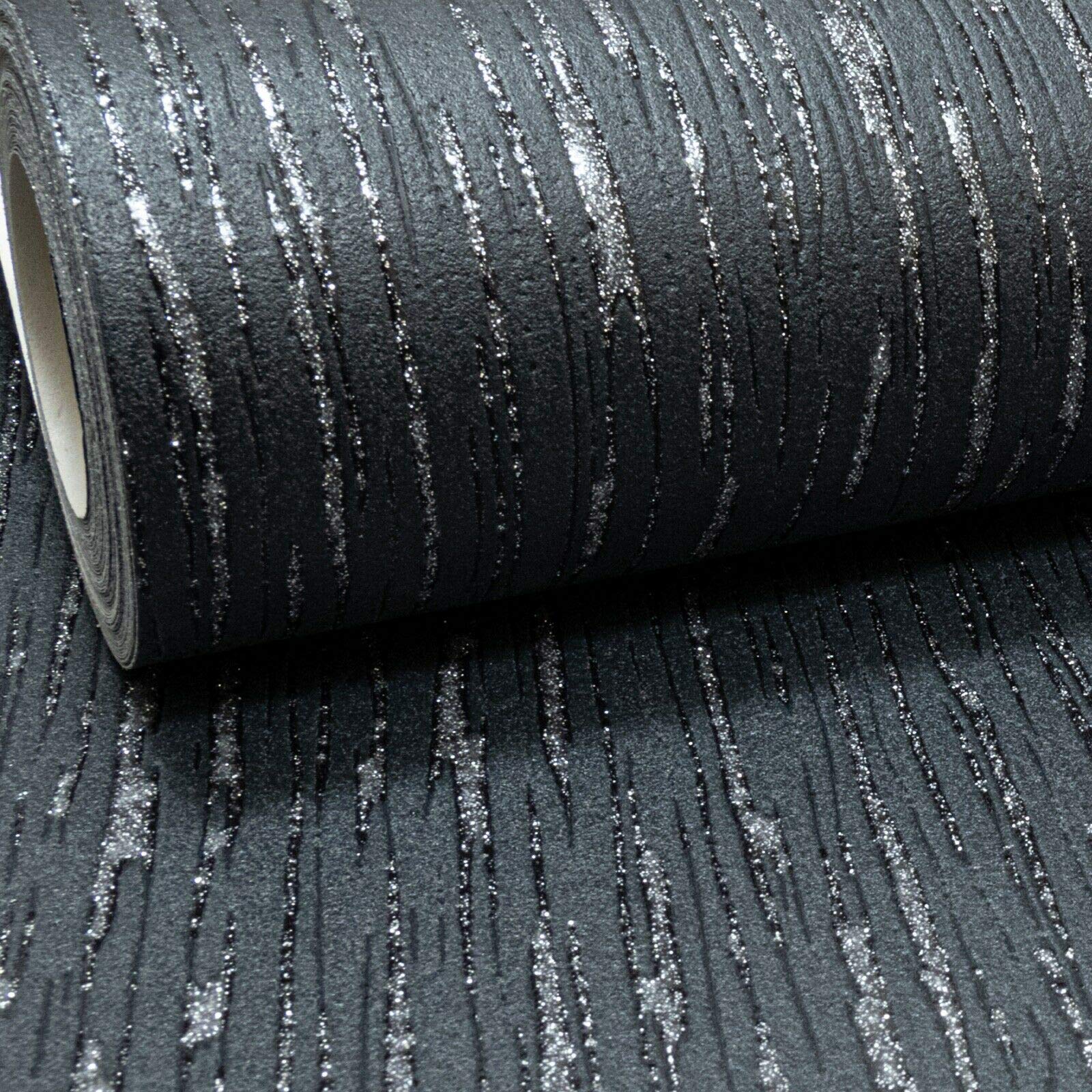Muriva Black And Silver Embossed Plain Black Silver Glitter Blown Vinyl Textured Thick Heavy Wallpaper (Black And Silver)