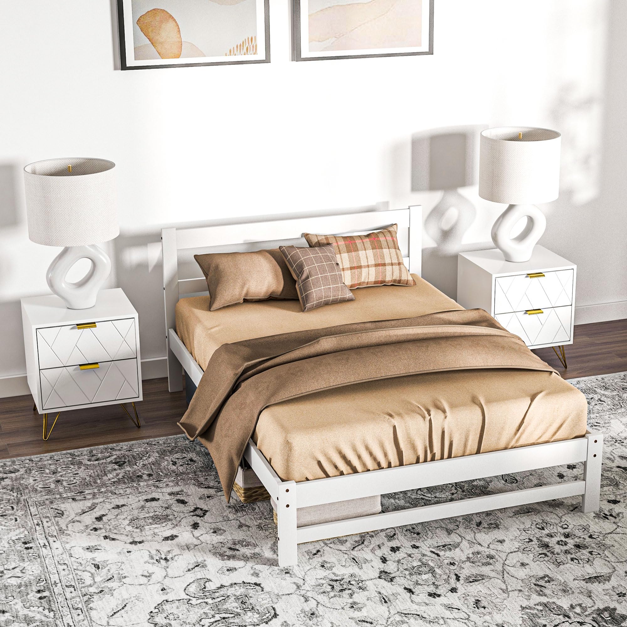 HOMCOM Marco de Cama de Madera con Somier Doble 195x141 cm 300 kg Blanco | Estructura de Cama Doble, para Colchón de 135x190 cm, No Incluido