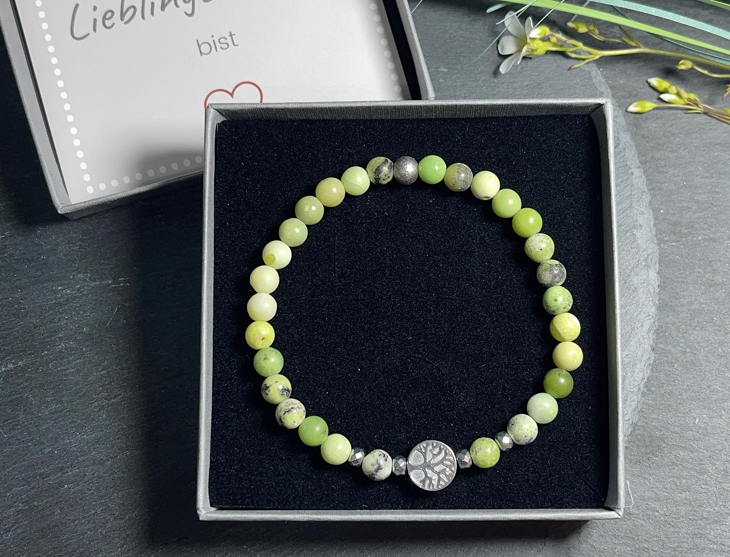 Serpentin Armband Perlen echt 6mm Lebensbaum Hämatit Silber - Handmade Perlenarmband Kreativität Vertrauen Freundschaft - Spiritueller Esoterischer Schmuck Unisex - Personalisierbar