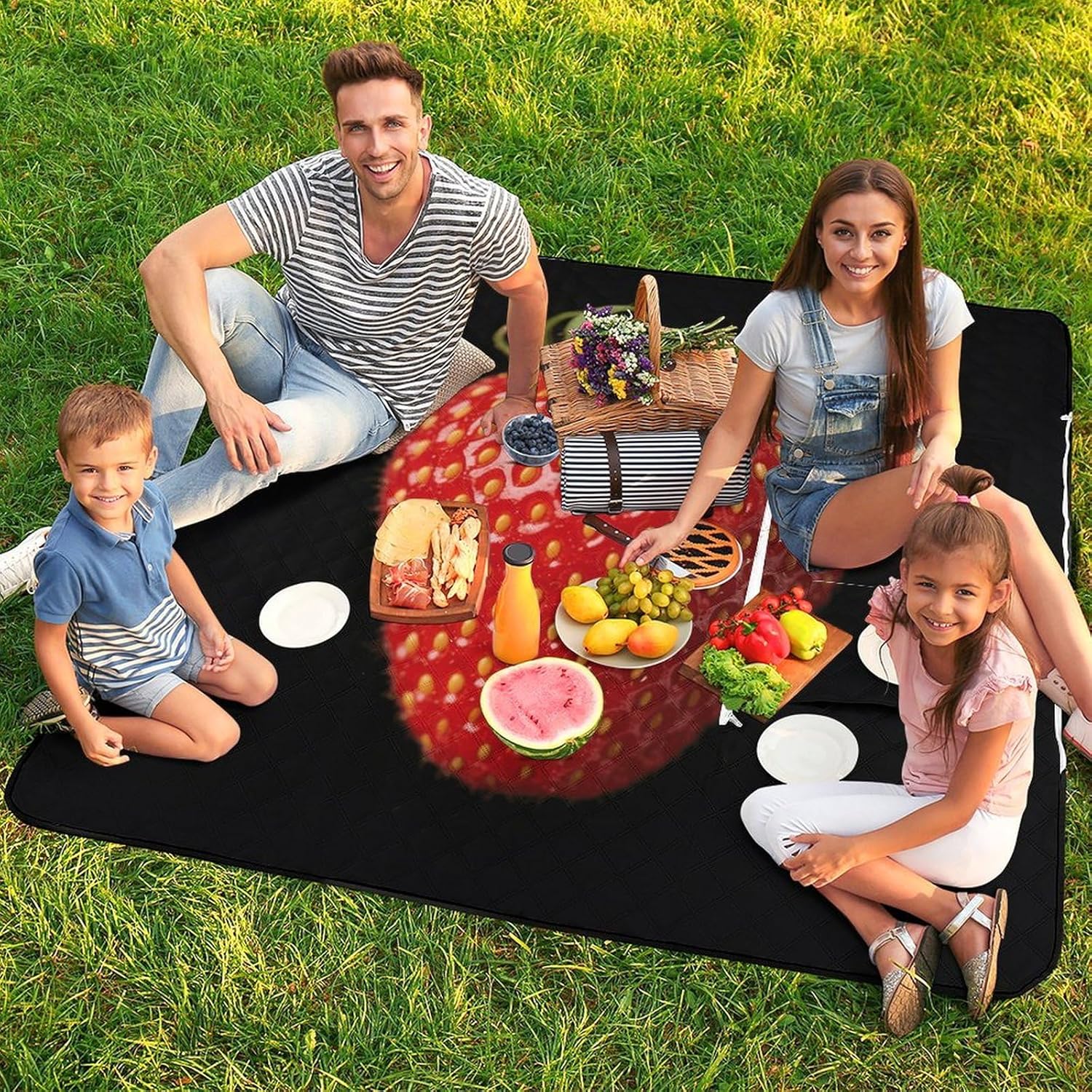 Fresh Fruits Picnic Blanket 150x150cm, Foldable 2-in-1 Picnic Mat and Tote Bag Portable Waterproof Beach Mat Sandproof Outdoor Blanket for Park, Hiking, Beach, Camping, Travel