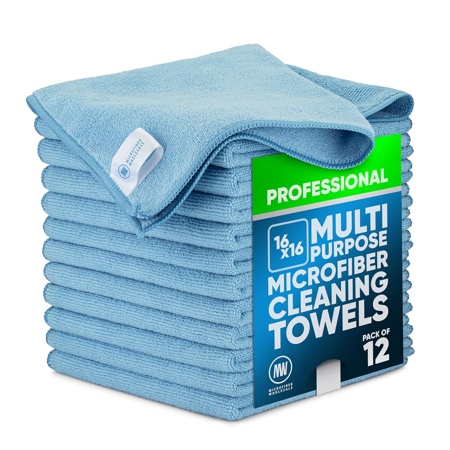MW Pro Multi-Surface Microfiber Towel 12 Pack Premium Cleaning Cloth Clean Buff Dust Polish Absorb Large 16x16 Blue