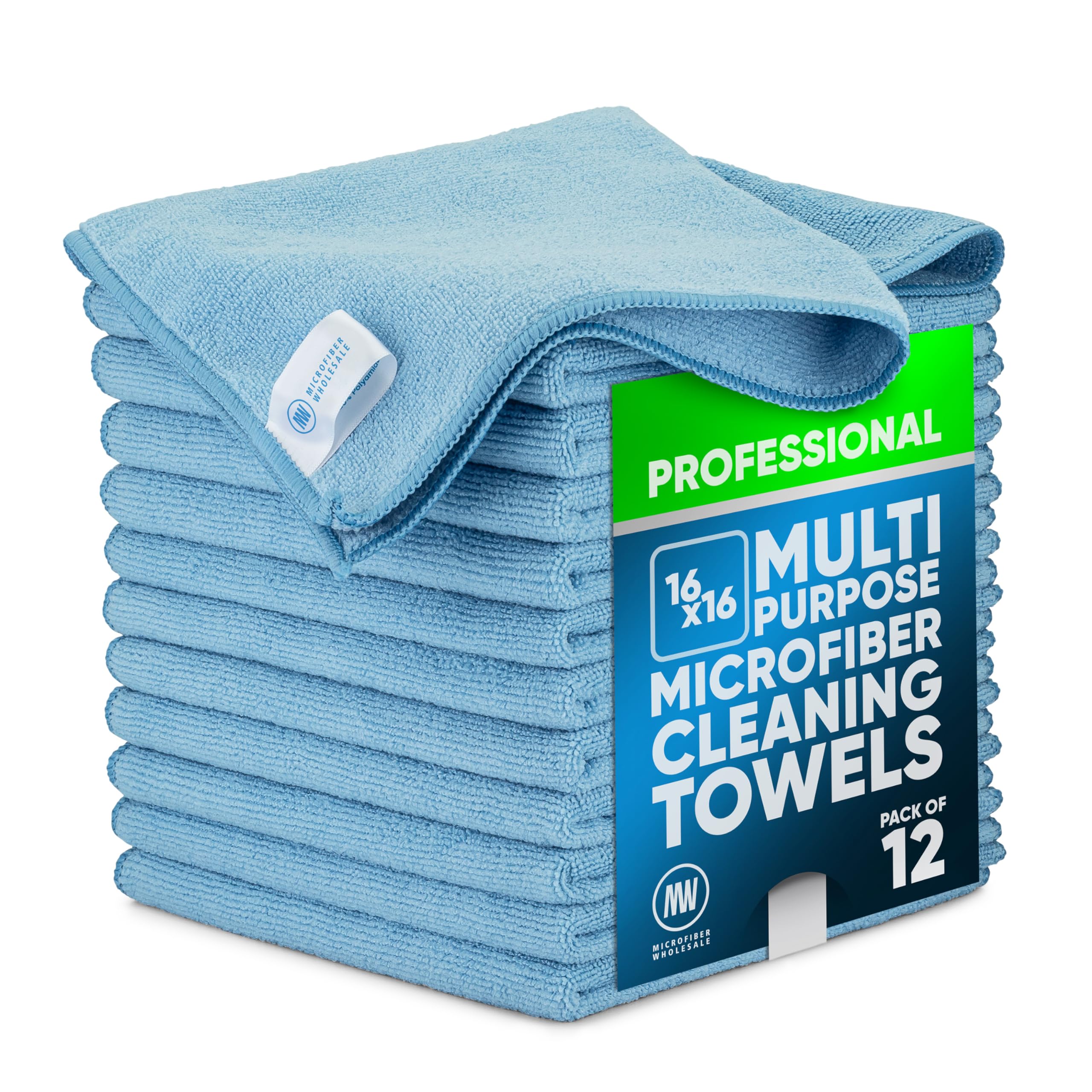 Microfiber Wholesale BUFF Pro Multi-Surface Microfiber Towel - Pack of 12, Large, 16 x16in (Blue)