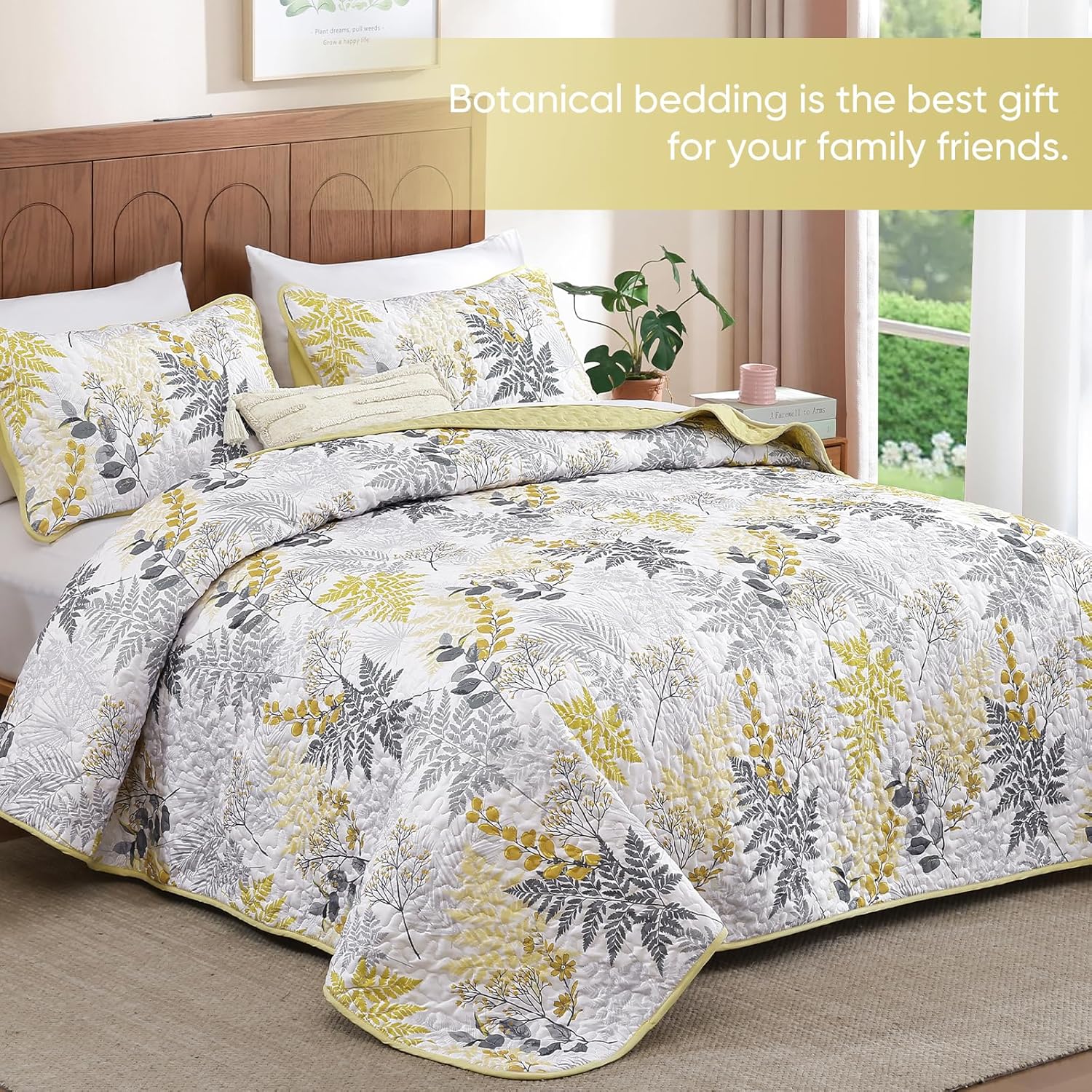 WONGS BEDDING Botanical Quilt Set Queen Size,Yellow Quilt with Colorful Leaves Pattern, 3 Pieces Soft Lightweight Microfiber Coverlet Set with 2 Pillowcases for All Season (Yellow Grey)