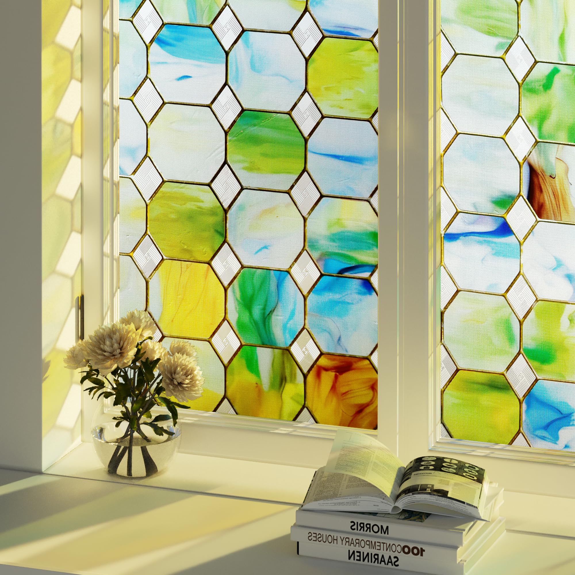 – Homease 3D Window Privacy Film, Decorative Stained Glass Window Film, Static Cling Non-Adhesive, Heat Control UV Blocking, 17.3 x 47.2 Inch for Bathroom, Home, and Office - Octagonal Prism