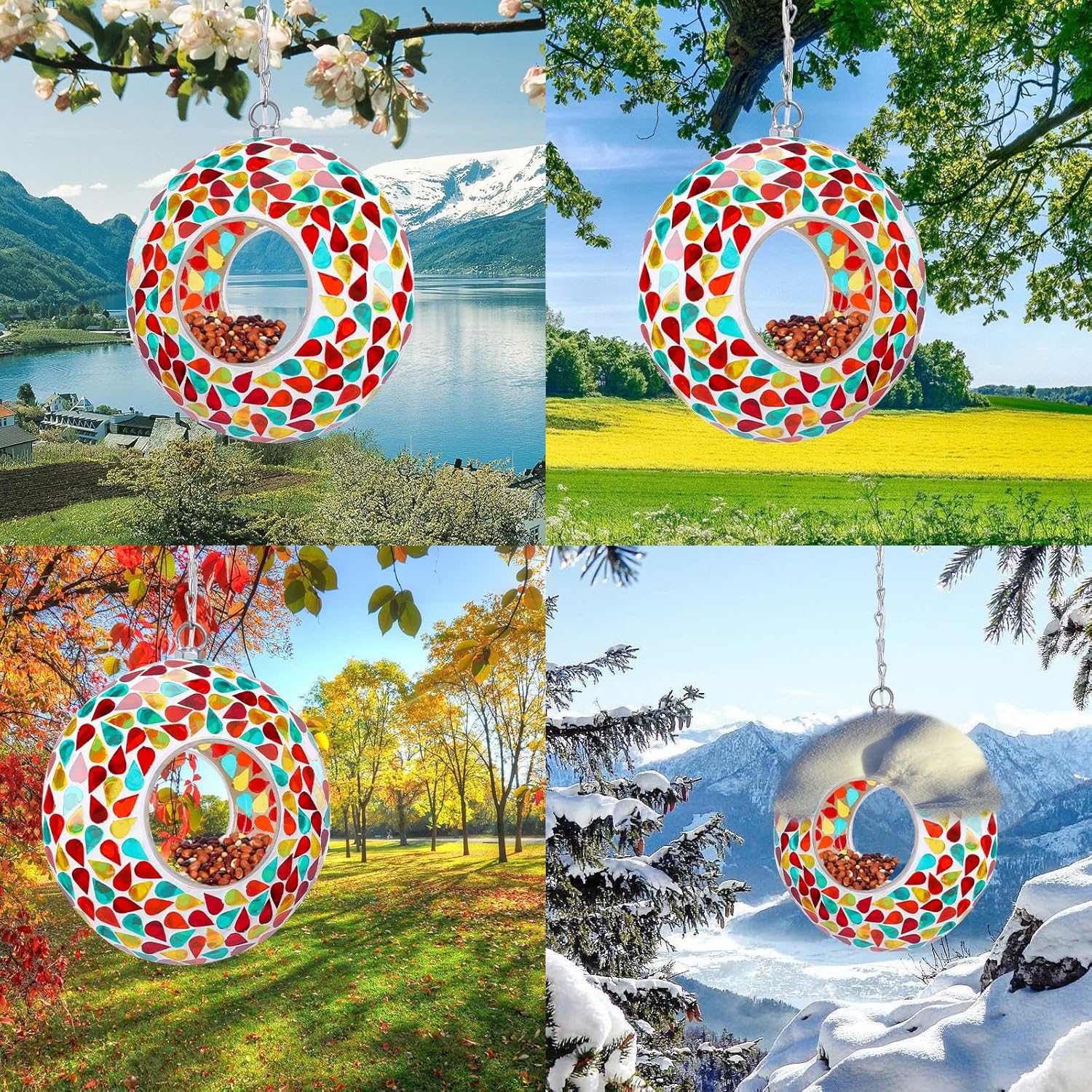 Yinns 9.5Inch Solar Mosaic Bird Feeder for Outside Hanging, Glass Birdfeeder with Round Shape Container, Bird Feeders Garden Decor