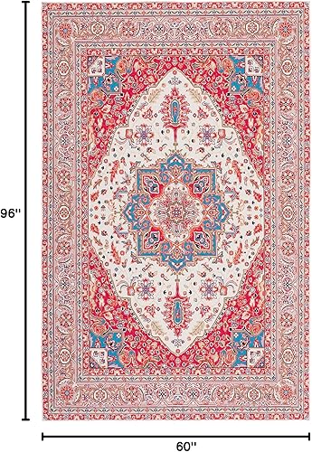 Miniatura 2 de SAFAVIEH Tucson Collection TSN107Q Medallón Oriental de 5 x 8 pies, color rojo y beige, lavable a máquina, no desprende pelusa, alfombra de área