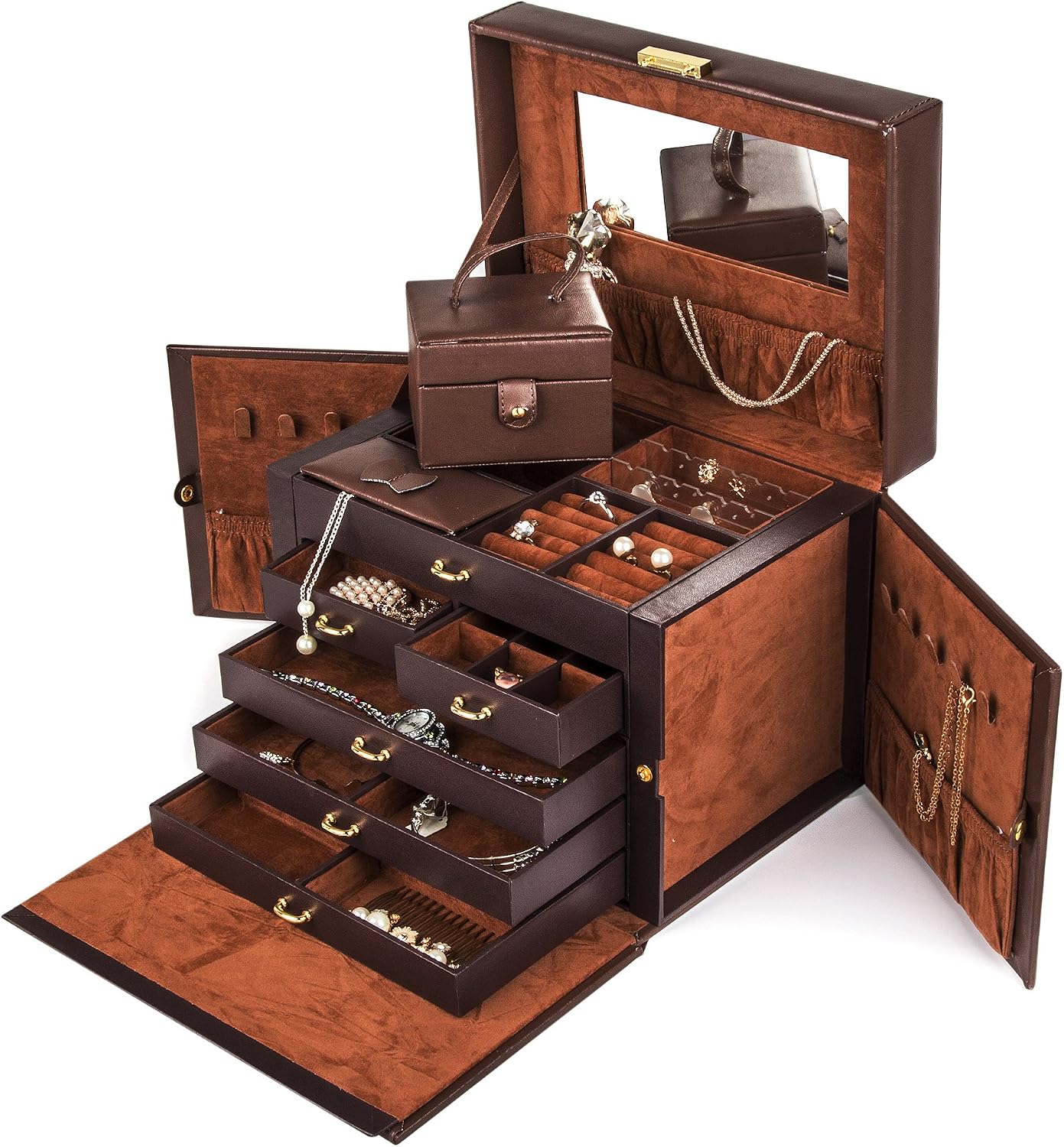 Shining Image Brown LEATHER JEWELRY BOX/CASE/STORAGE/ORGANIZER WITH TRAVEL CASE AND LOCK