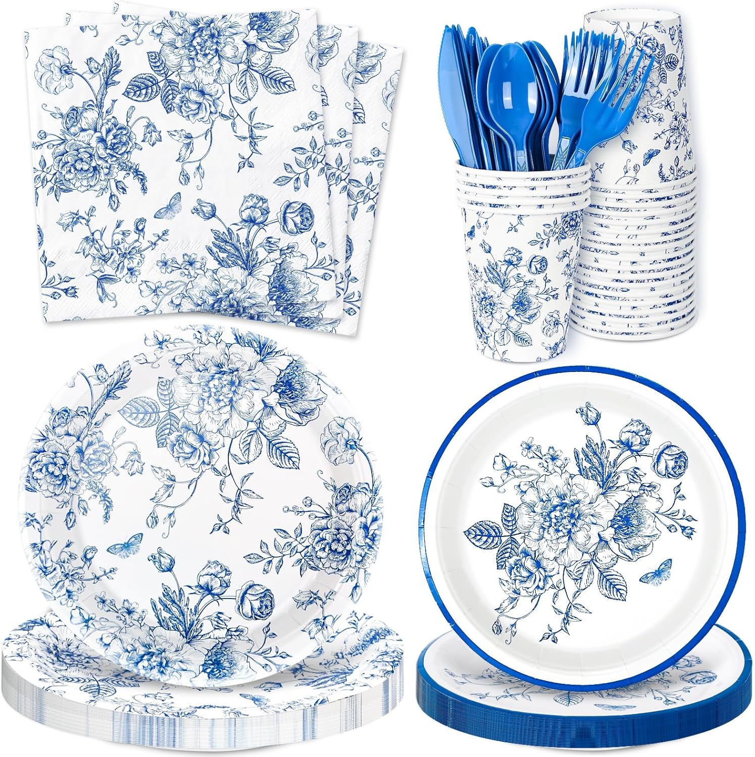 JarThenaAMCS 175Pcs Blue and White Floral Party Supplies Kit Chinoiserie Flower Tableware Set Disposable Dinnerware Paper Napkins Plates Cups Spoon Fork Knife for 25 Guests Party Favor