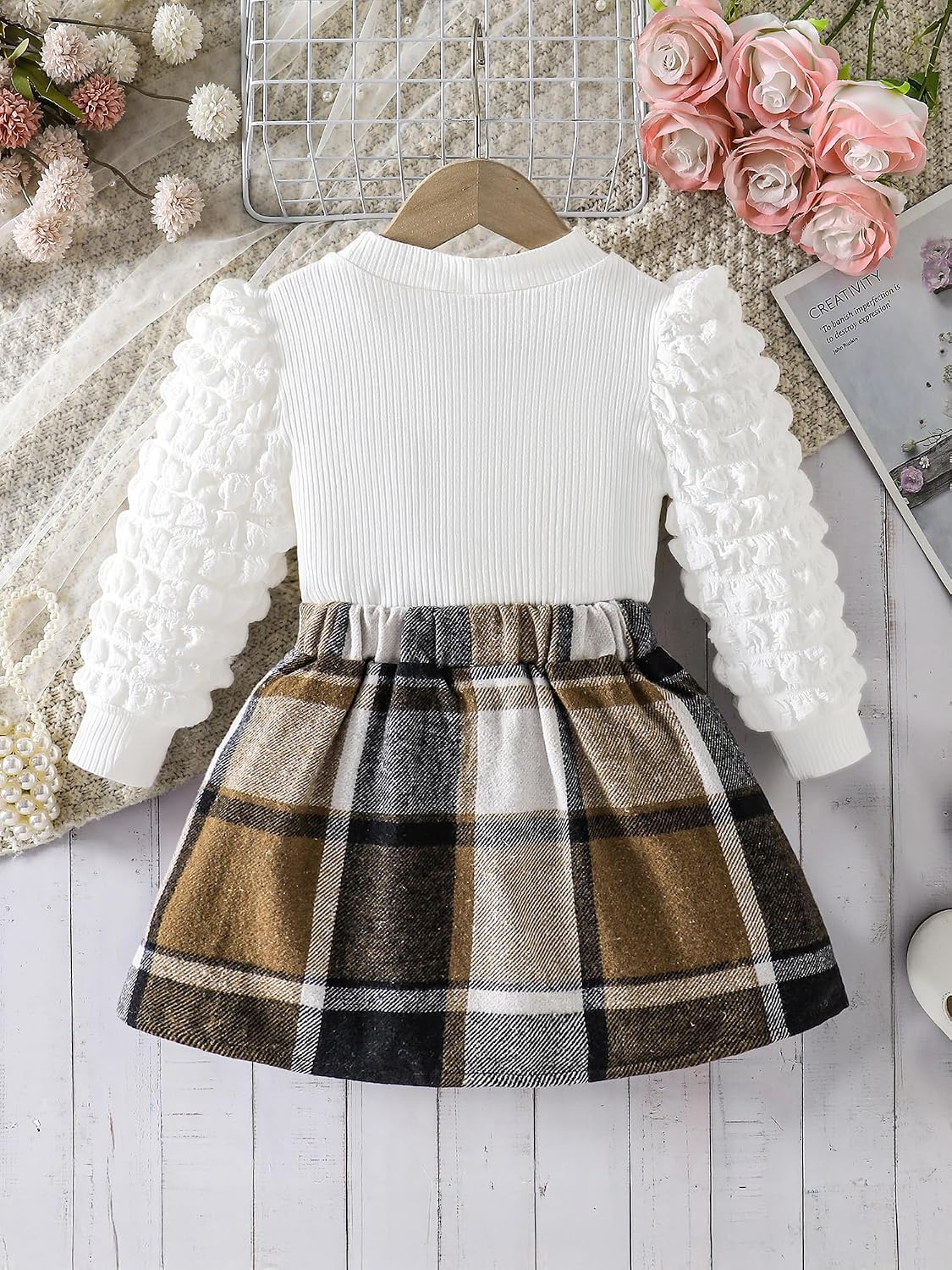 Girls Fall Winter Set Puff Sleeve Top and Plaid Skirt 2 Piece Preppy Outfit