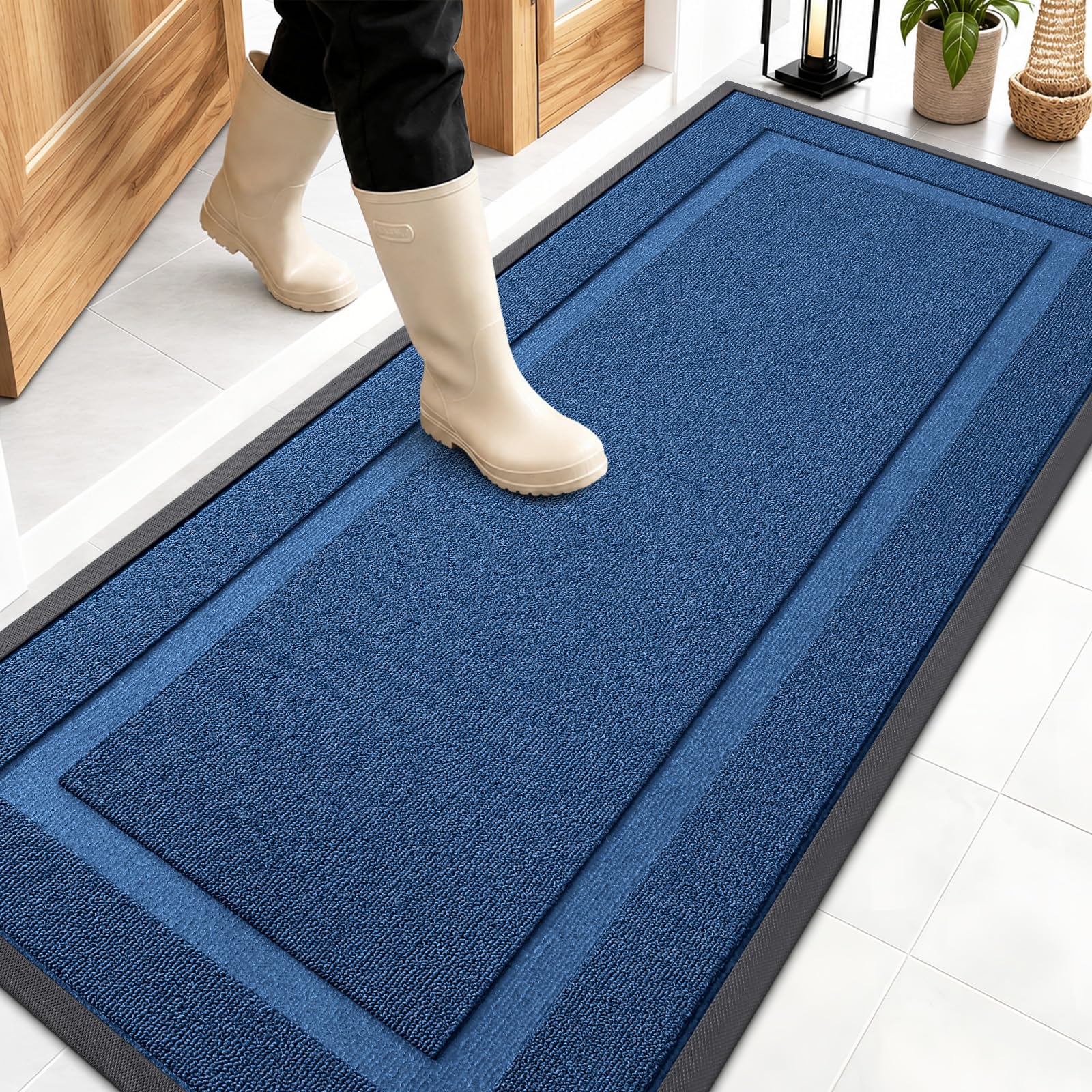 OLANLY Front Door Mat Outside 59x23, All-Season Heavy-Duty Rubber Doormat | Navy Blue, Absorbent, Stain Fade Resistant, Waterproof Non-Slip Backing, Low-Profile Indoor Outdoor Floor Mat for Entryway