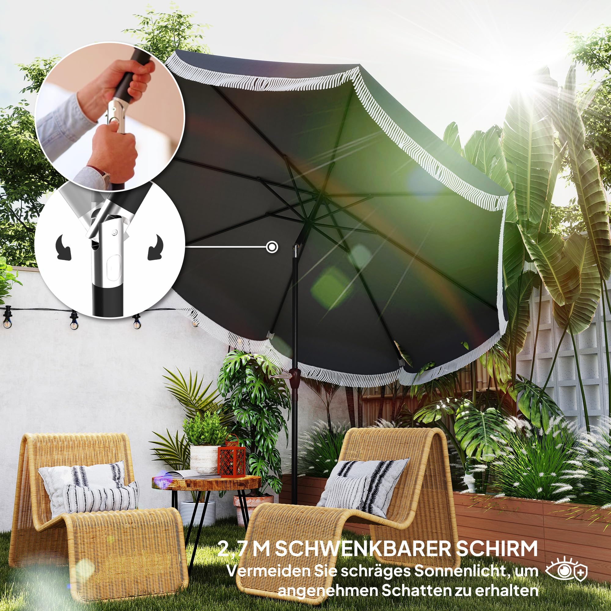 Outsunny Parasol przeciwsłoneczny, Ø 269 cm, UV 30+, ośmiokątny, na plażę, balkon, do ogrodu, kolor ciemnoszary, ciemnoszary