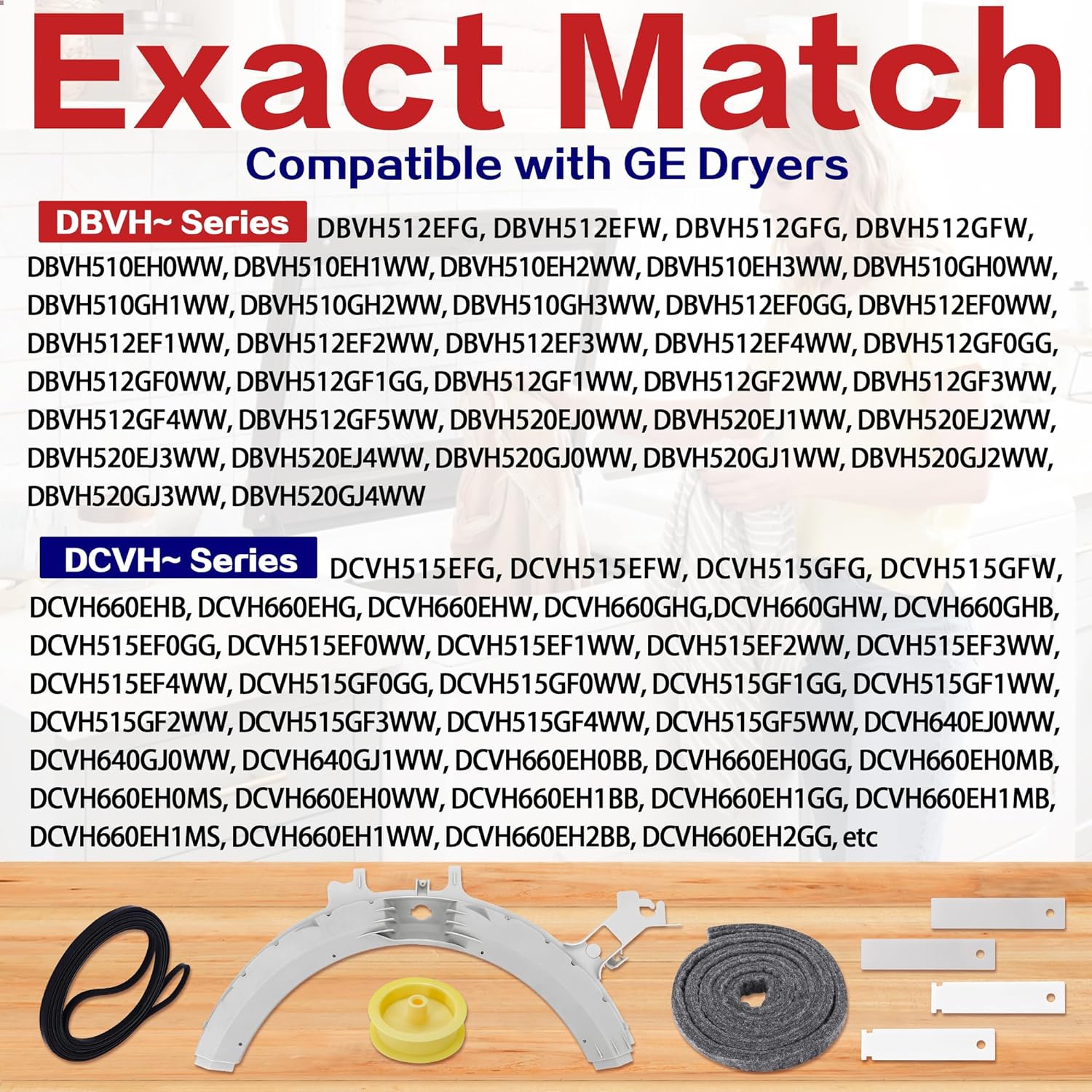WE49X21874 Dryer Bearing Kit and WE12X83 Dryer Idler Pulley with WE14M124 Drum Bearing WE09X20441 Front Drum Felt WE12M29 Drive Belt WE1M1067 and WE1M504 Bearing Slides Fit for GE