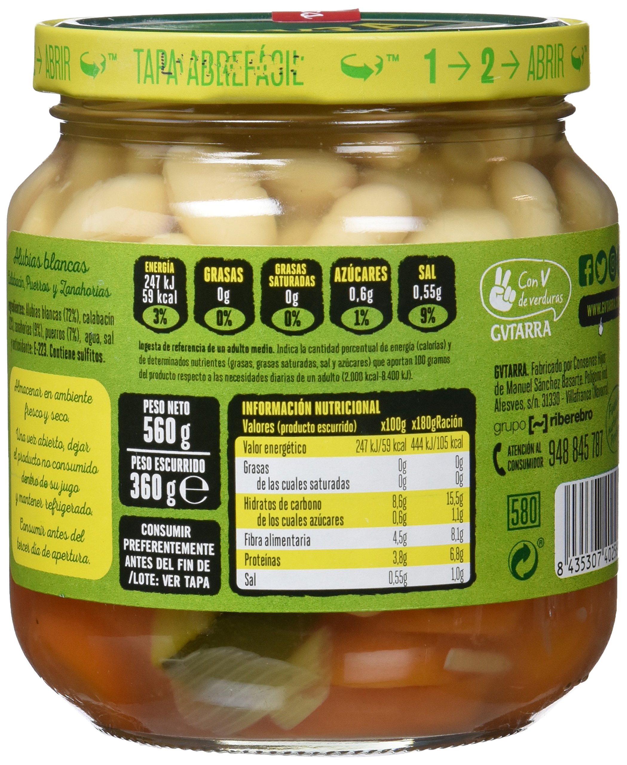 Gvtarra Tus Primeros Alubia Blanca, Puerro, Calabacín y Zanahoria. Legumbre - Paquete de 6 x 360 gr - Total: 2160 gr