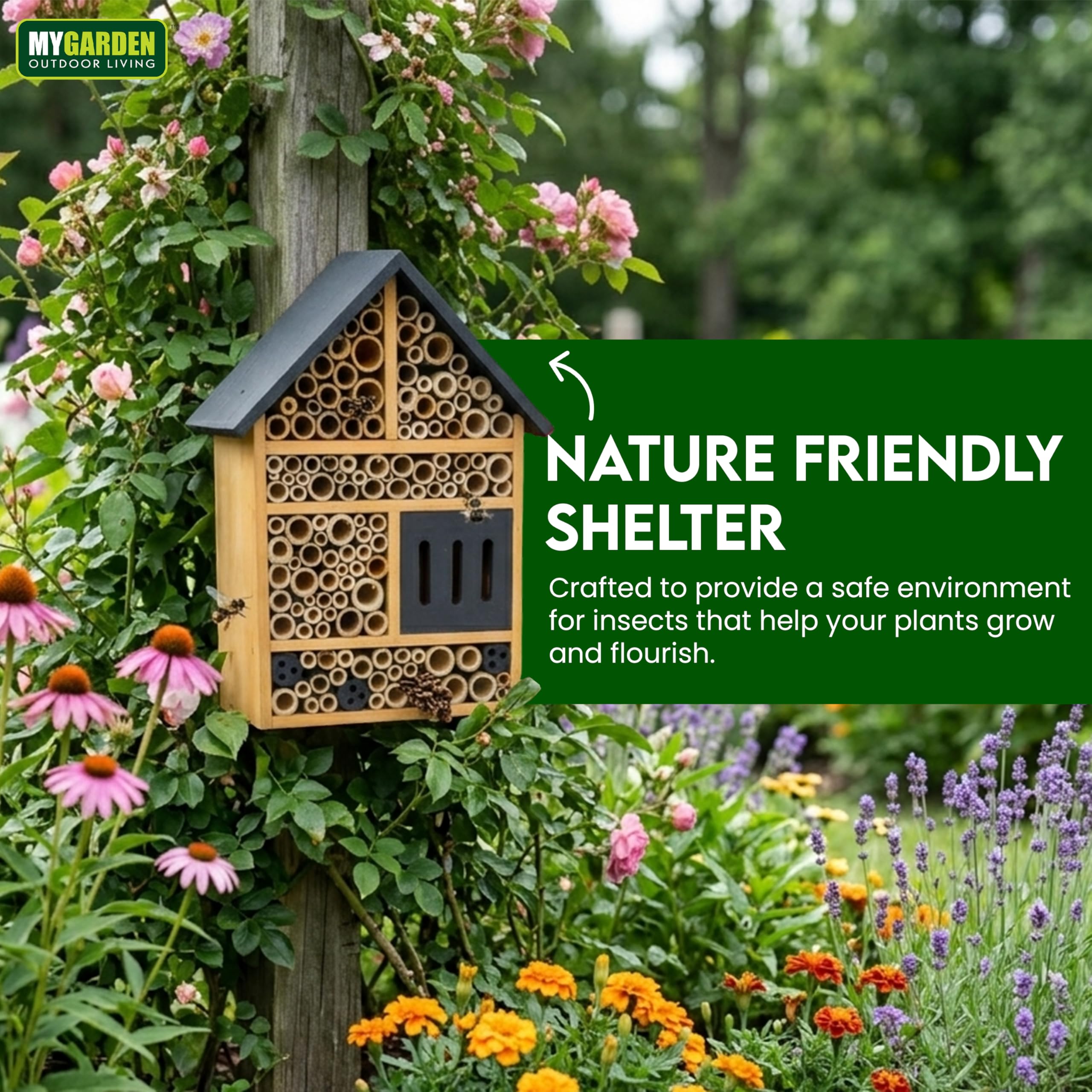 My Garden Insect House for Garden Bees & Butterflies - Outdoor Bug Hotel Shelter, Solid Pine Wood Bee House with Multi Chambers - Weather Resistant Wildlife Habitat, Easy Mount — view 6