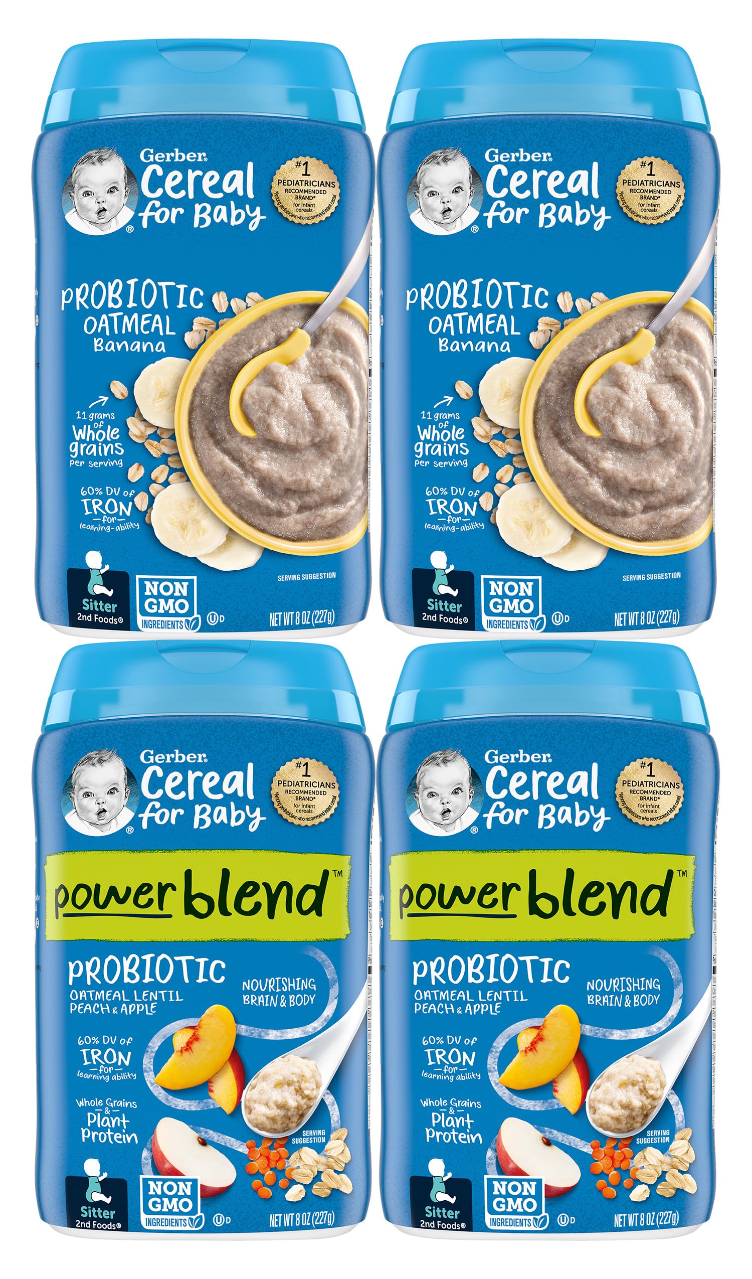 Gerber 2nd Foods Cereal for Baby Variety Pack, 2 Probiotic Oatmeal Banana & 2 Powerblend Probiotic Oatmeal Lentil Peach Apple Variety Pack