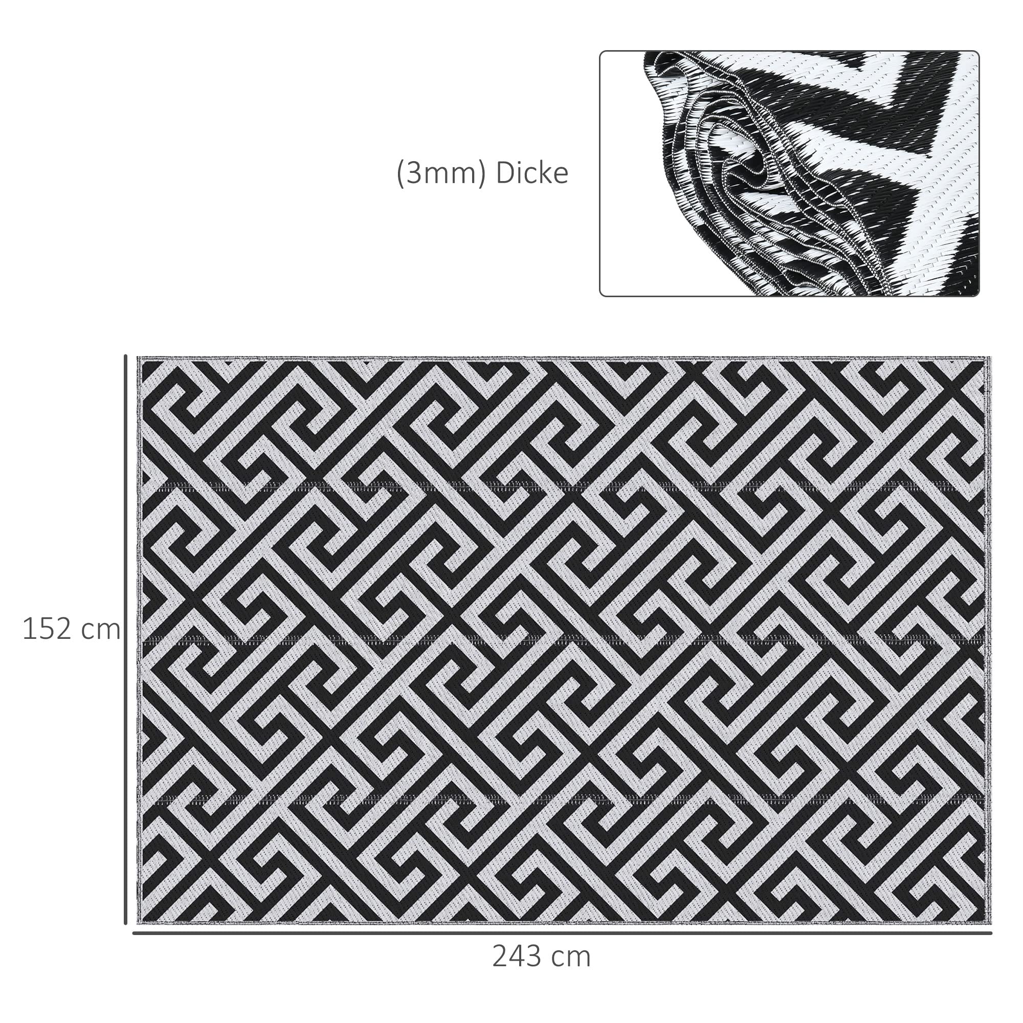 Outsunny Tappeto da esterno in plastica double face, impermeabile, per terrazze, campeggio, colore nero e bianco, 152 x 243 cm