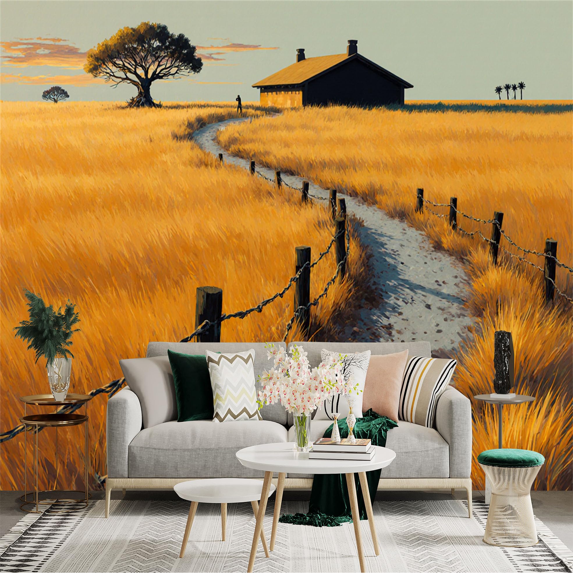 Lnzczhyre Xc260505269 Custom Size Wall Sticker Mural， Golden Wheat Field With Country Path， Rustic Farmhouse Landscape， Sunset Horizon， For Wall Decoration， Peelandstick Wall Decals.