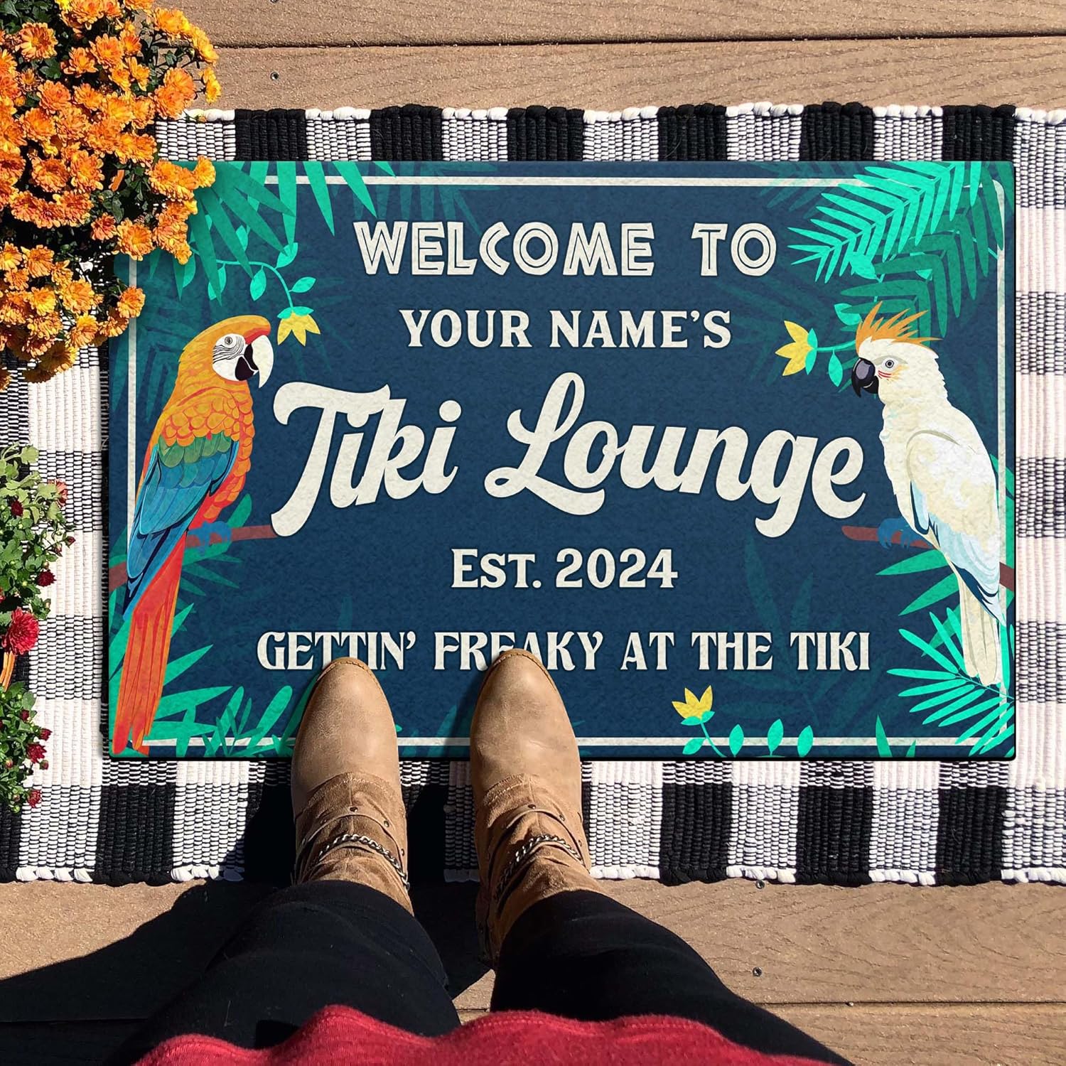 Artsy Woodsy Personalized Tiki Bar Doormat, Drying Rubber Non Slip Coffee Bar Accessories, Door Mat Indoor Entrance Home Pub, Floor Mat, Welcome Mat Outdoor, Custom Gifts for Her Him (01)