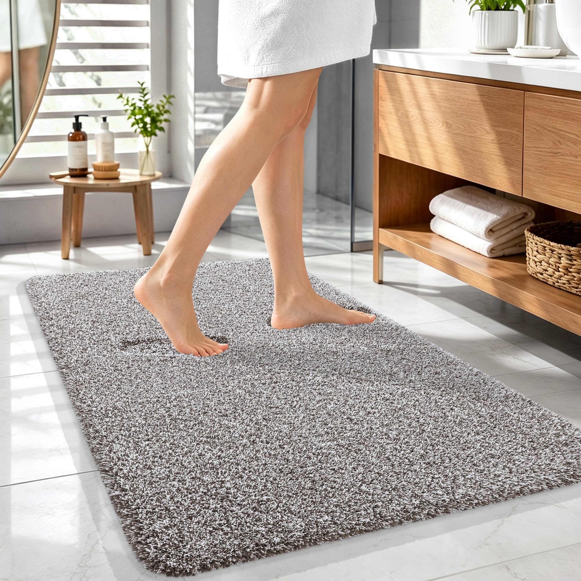 OLANLY Microfiber Bathroom Rugs 44x32, Quick Dry Bath Mat, Brown and White