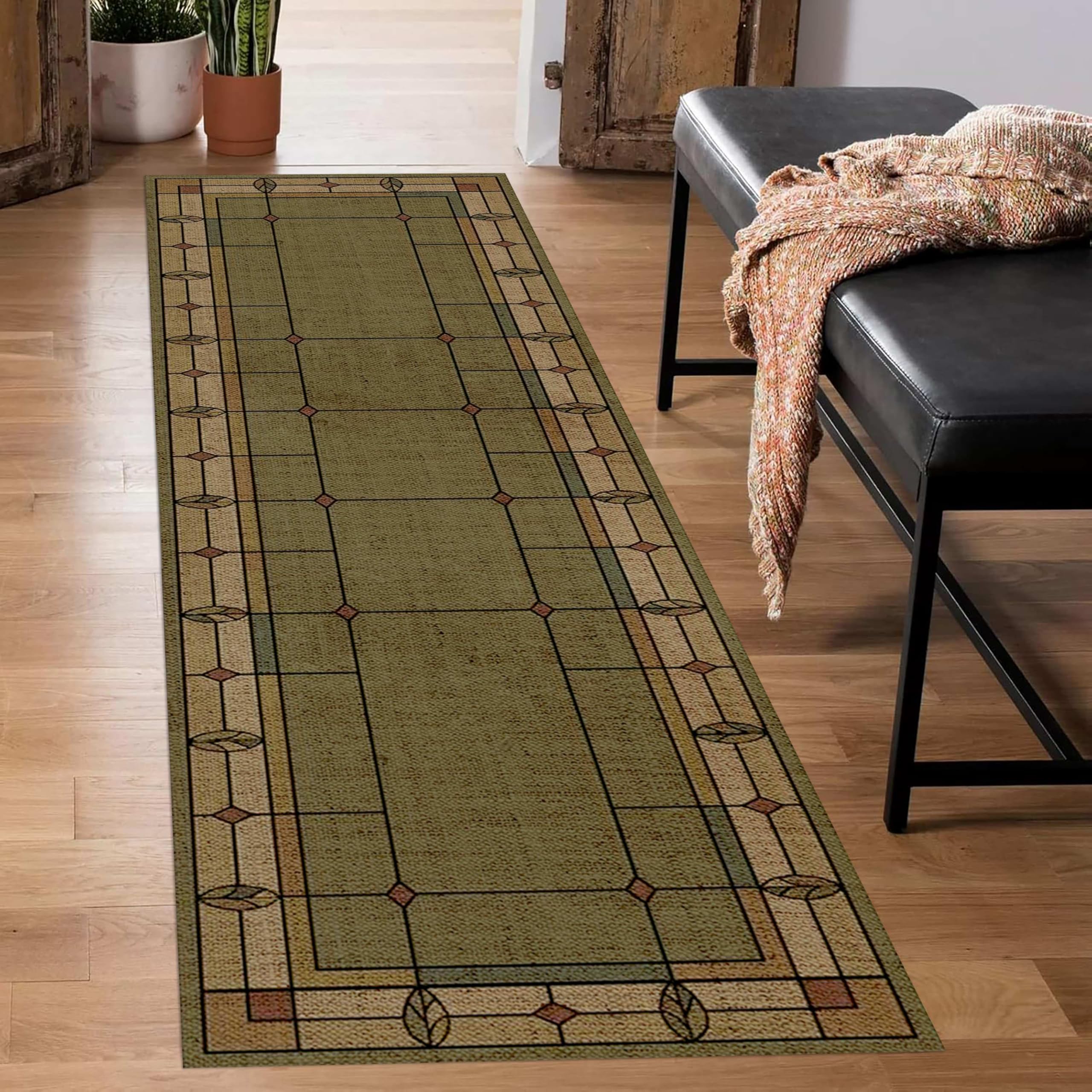 LHOMKCV Vintage Checkered Carpet Runners, 100x300cm, Retro Ethnic Tribal Classic Grass Green Traditional Oriental Rug, Low Pile Foldable Easy-Washing Long Hallway Runner for Foyer Home Office โ image 1