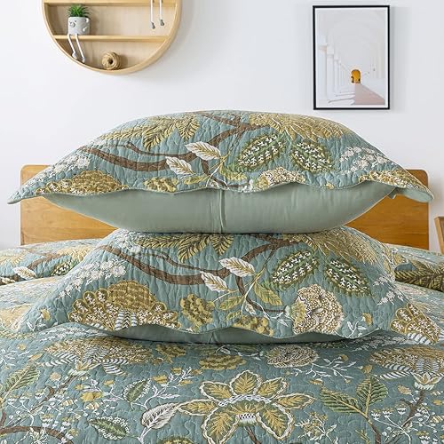 Miniatura 4 de Travan Juego de edredón de 3 piezas acolchado de algodón con estampado floral, juego de ropa de cama acolchado de gran tamaño con fundas para todas