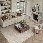 Hugear 6x9 Machine Lavable Zone Rug Neutre Vintage Beige Low Pile Non Slip Soft Intérieur Grand Tapis Détresse Oriental Rug pour Salon Chambre Bureau à manger