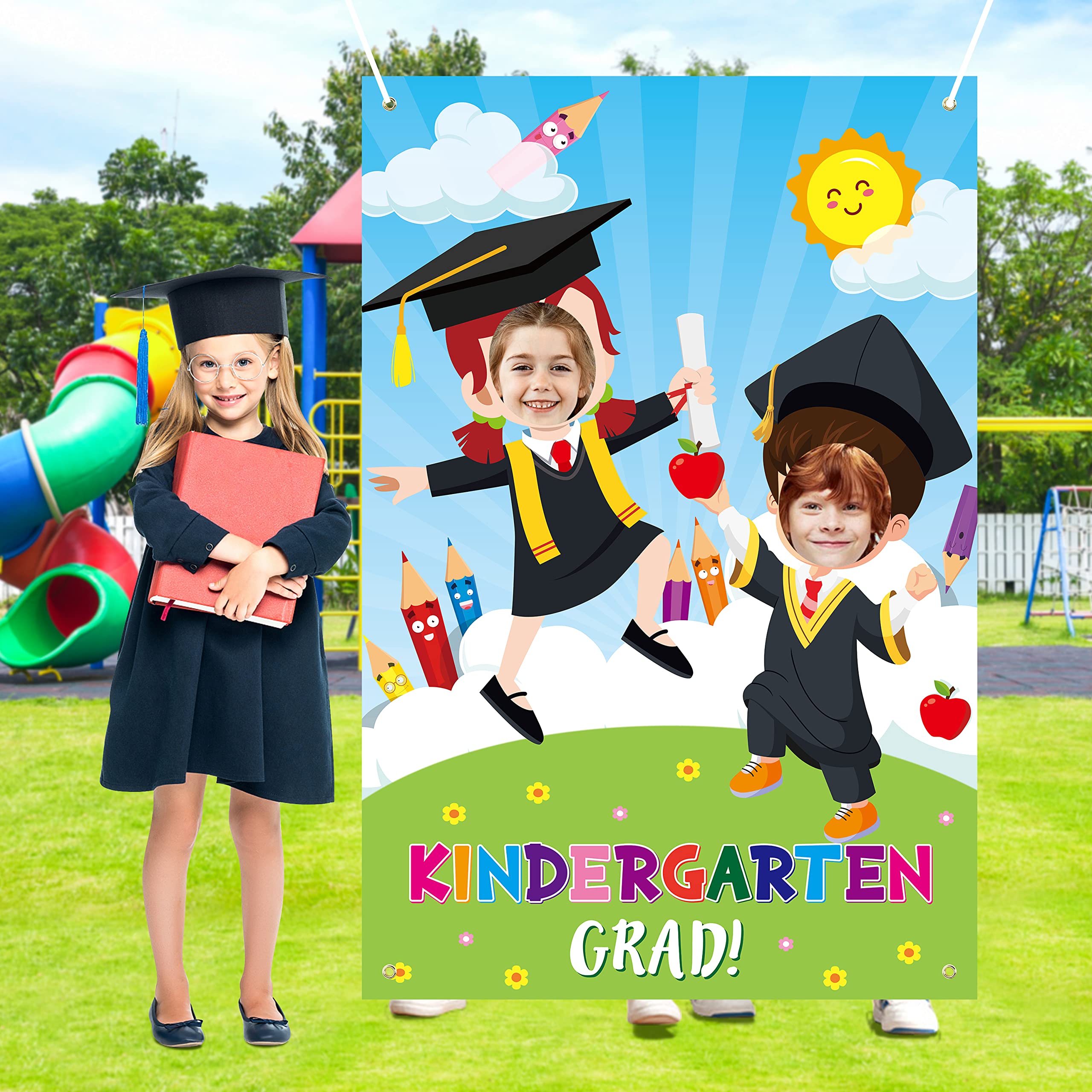 Photo 1 of WATINC Kindergarten Graduation Photo Prop, Fabric Kindergarten Grad Celebration Photography Backdrops, Class of 2023 Ceremony Supplies, Congratulations School Party Favors Funny Door Banner for Kids