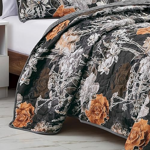 Miniatura 3 de ESCA Juego de colcha reversible de 3 piezas con estampado de flores vintage negro y naranja Helbah con 2 fundas de almohada, tamaño Queen, acolchado