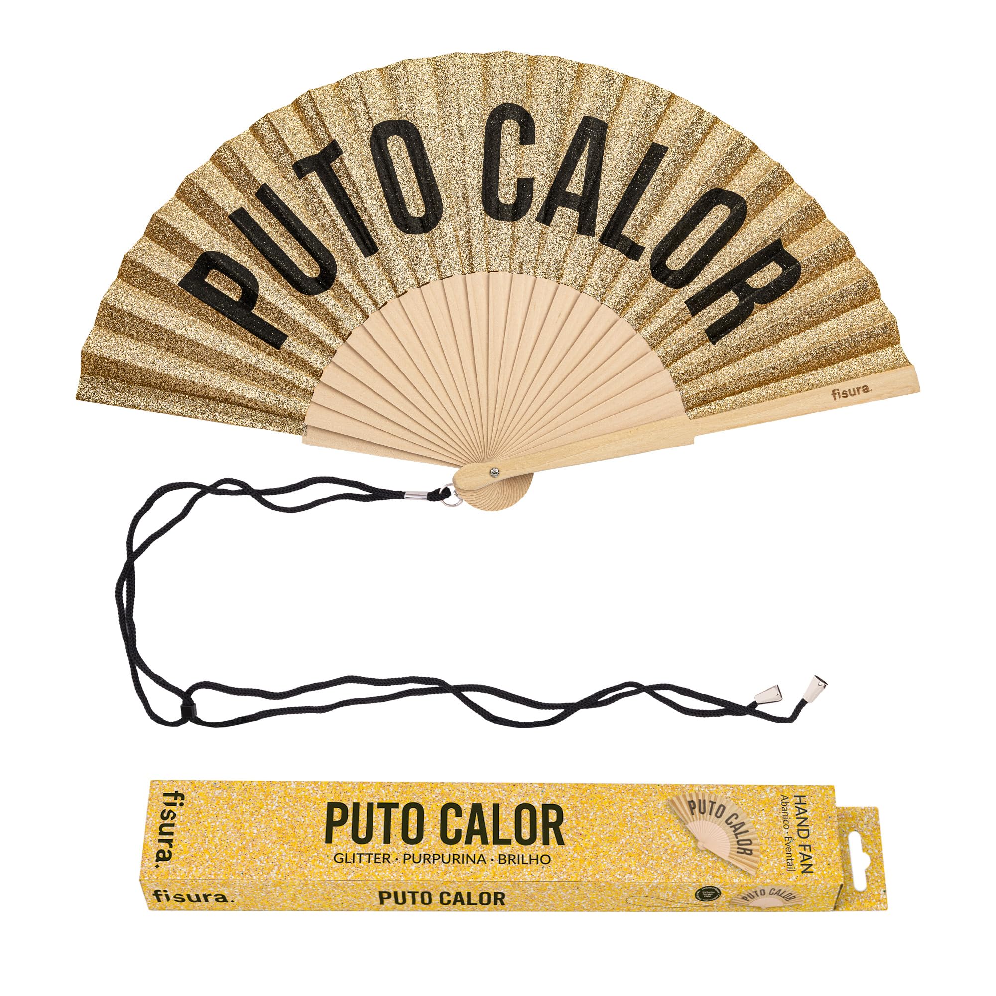 Fisura Original Fan with Message "p*to Calor". Modern and Colourful Wooden Fan. Gold Glitter Hand Fan. Hanger Included. Fun Gift Idea. 42.5 x 23 cm — image 1