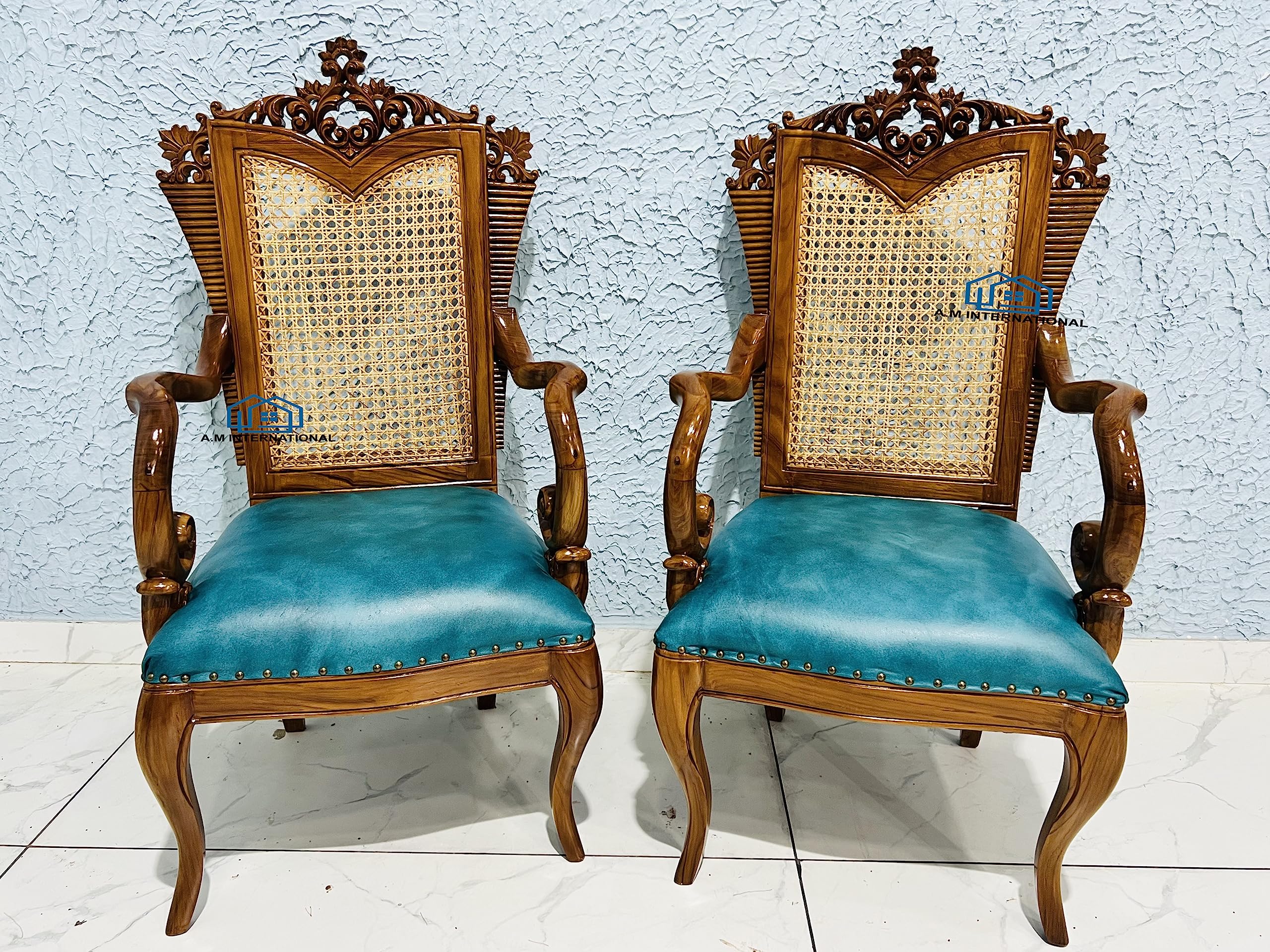 Royal Looks Hand Carved Accent Chair Set of 2 in Solid Teak Wood for Bedroom LIVINGROOM Hall BOFFICE in Natural Finish