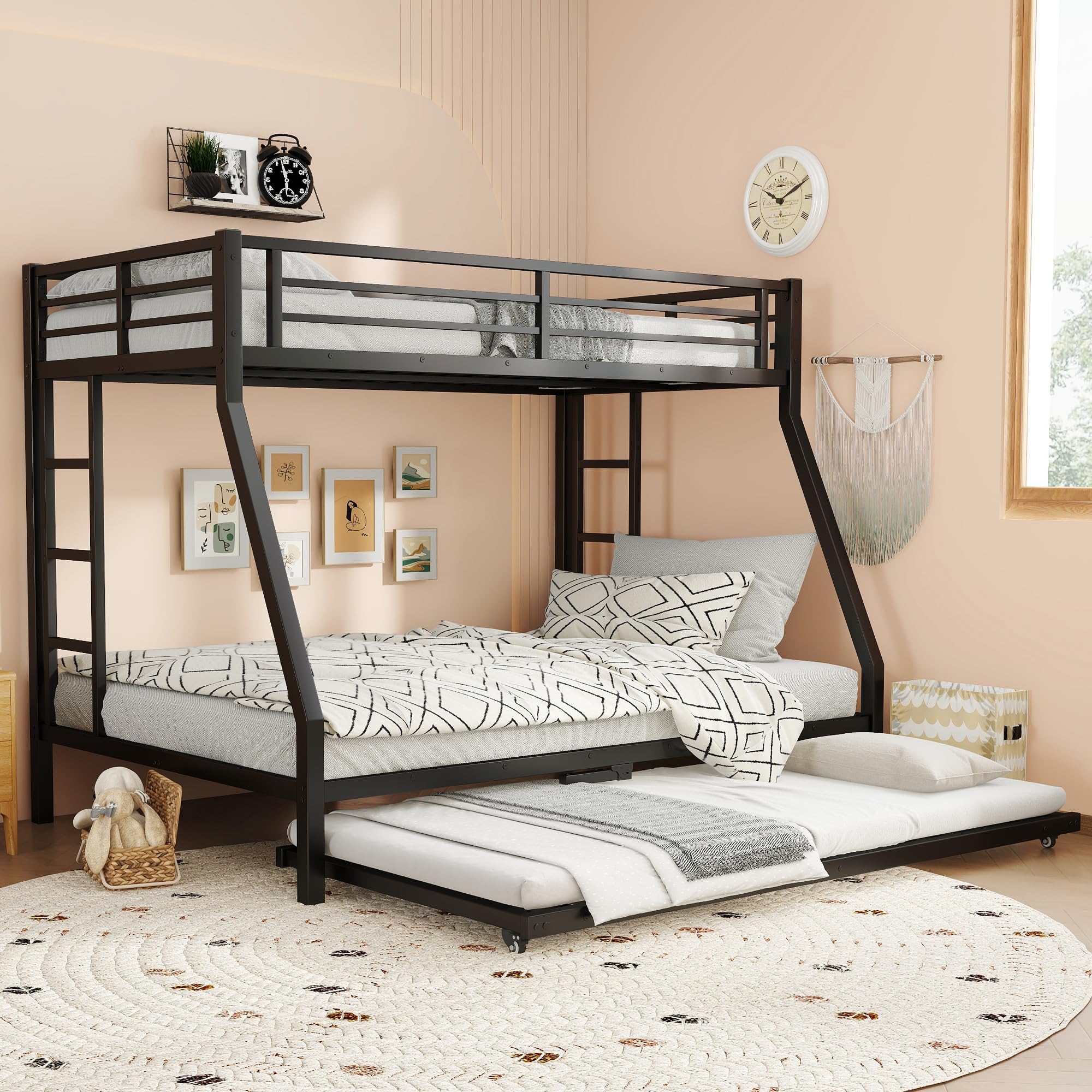 Photo 1 of Bellemave Metal Bunk Bed Twin Over Full with Trundle for 3 Kids/Teens/Adults, Heavy-Duty Metal Bunk Bed Frame with 2 Ladders & Safety Guardrail, Space-Saving Design for Bedroom/Kidsroom/Dorm, Black