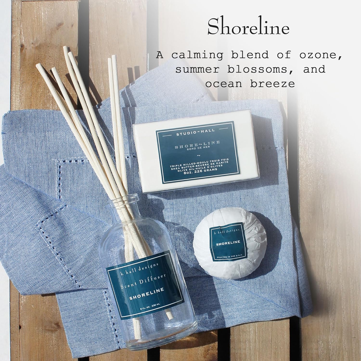 K. Hall Designs Shoreline Boxed Diffuser Kit, Calming Ocean-Inspired Scent, Reed Diffuser Set for Home, Long Lasting Aroma Diffuser, Refillable, 8 fl oz