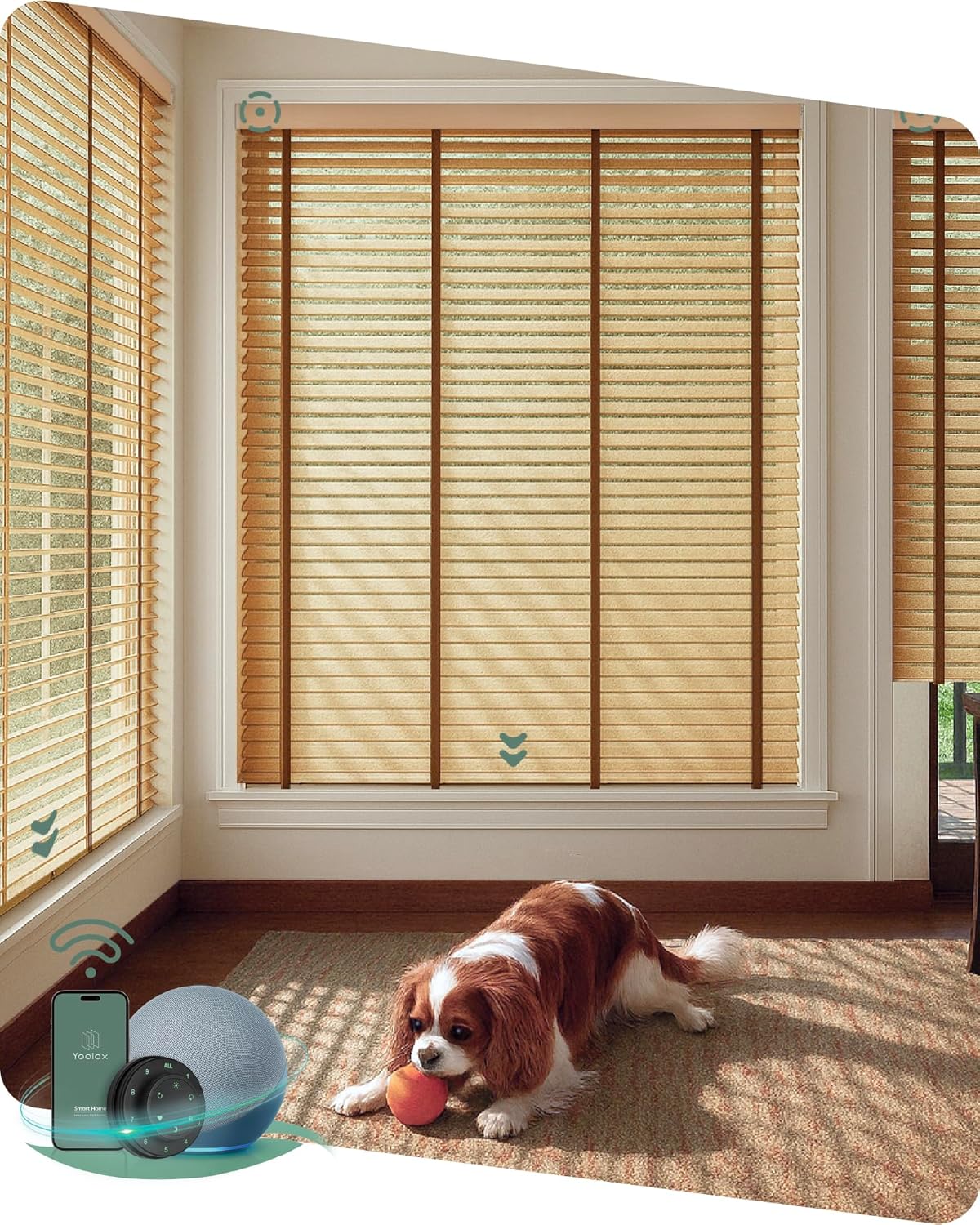 Yoolax Motorized Natural Wood Blinds with Remote, Smart Venetian Blinds for Windows, Light Filtering Horizontal Venetian Shades Compatible with Alexa Google Home, Custom Size, White