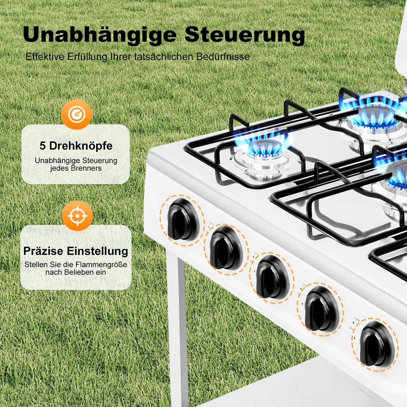 5 Flammiger Gaskocher Freistehender Campingofen Gasherd Gaskochfeld 5 Brenner für Camping Outdoor Gaskocher Tragbarer Gasherd für Wohnmobil mit Ablageflächen (Weiß, Fünf-Gitter)