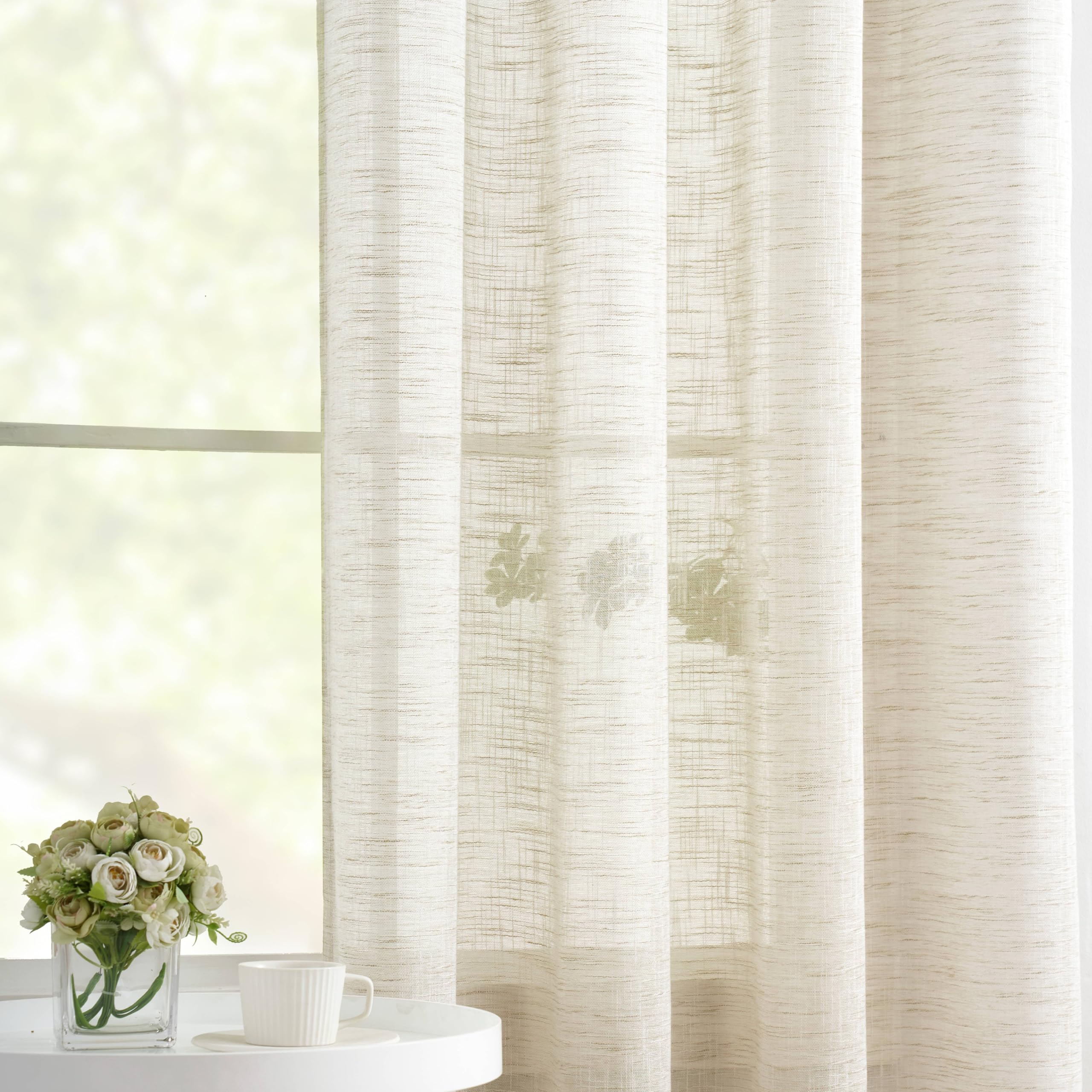 Treatmentex Cortinas Dormitorio, Salon y Visillos Salon 2 Piezas 136x145cm, Translúcidas Textura de Lino Beige con Ojales, Oficina, Comedor, Habitación​