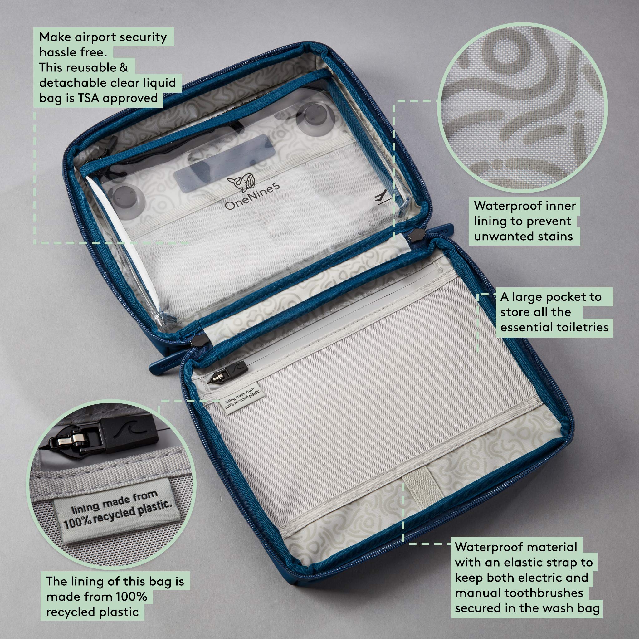 Eco-Friendly Travel Wash Bag, Toiletry Bag with 100% Recycled Plastic Lining & Hanging Hook