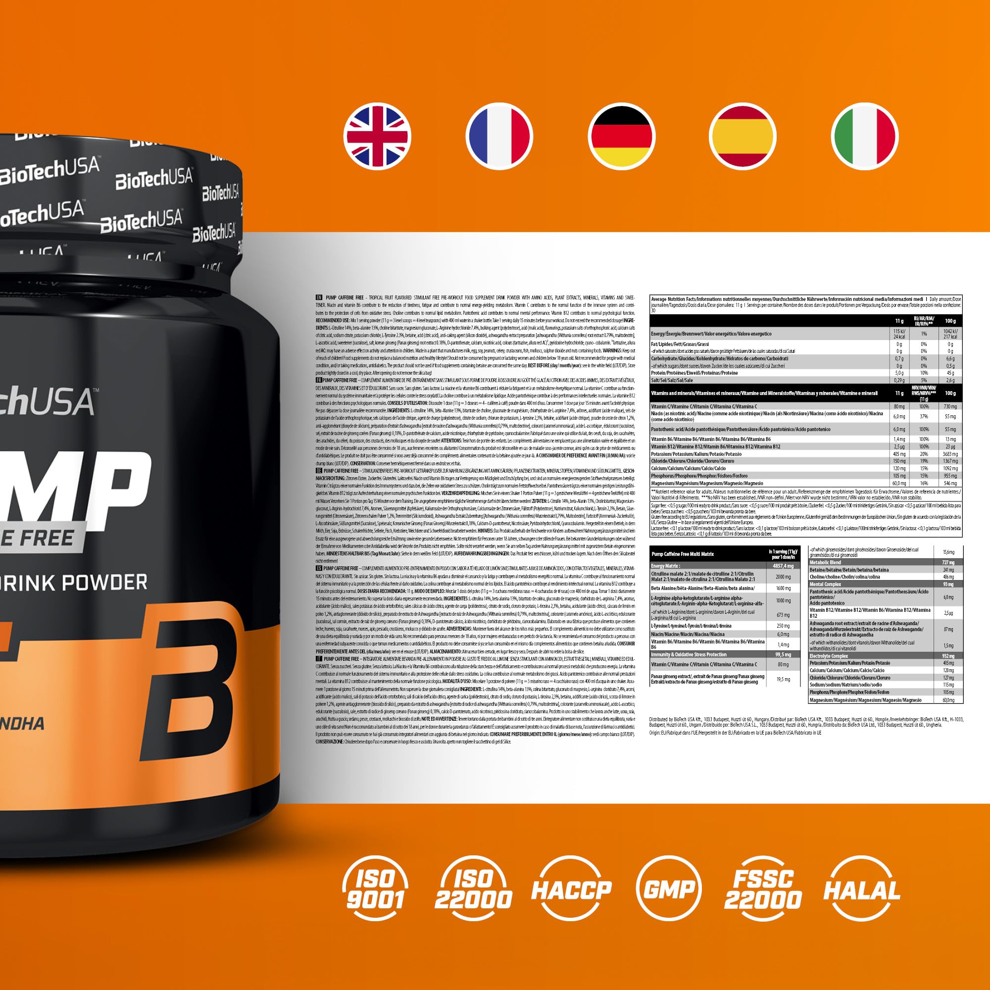 BioTechUSA Pump Caffeine Free | Energía, Concentración y Apoyo Inmunológico | 19 Ingredientes Activos | Bebida en Polvo Pre-Entrenamiento, 330 g, Frutas tropicales