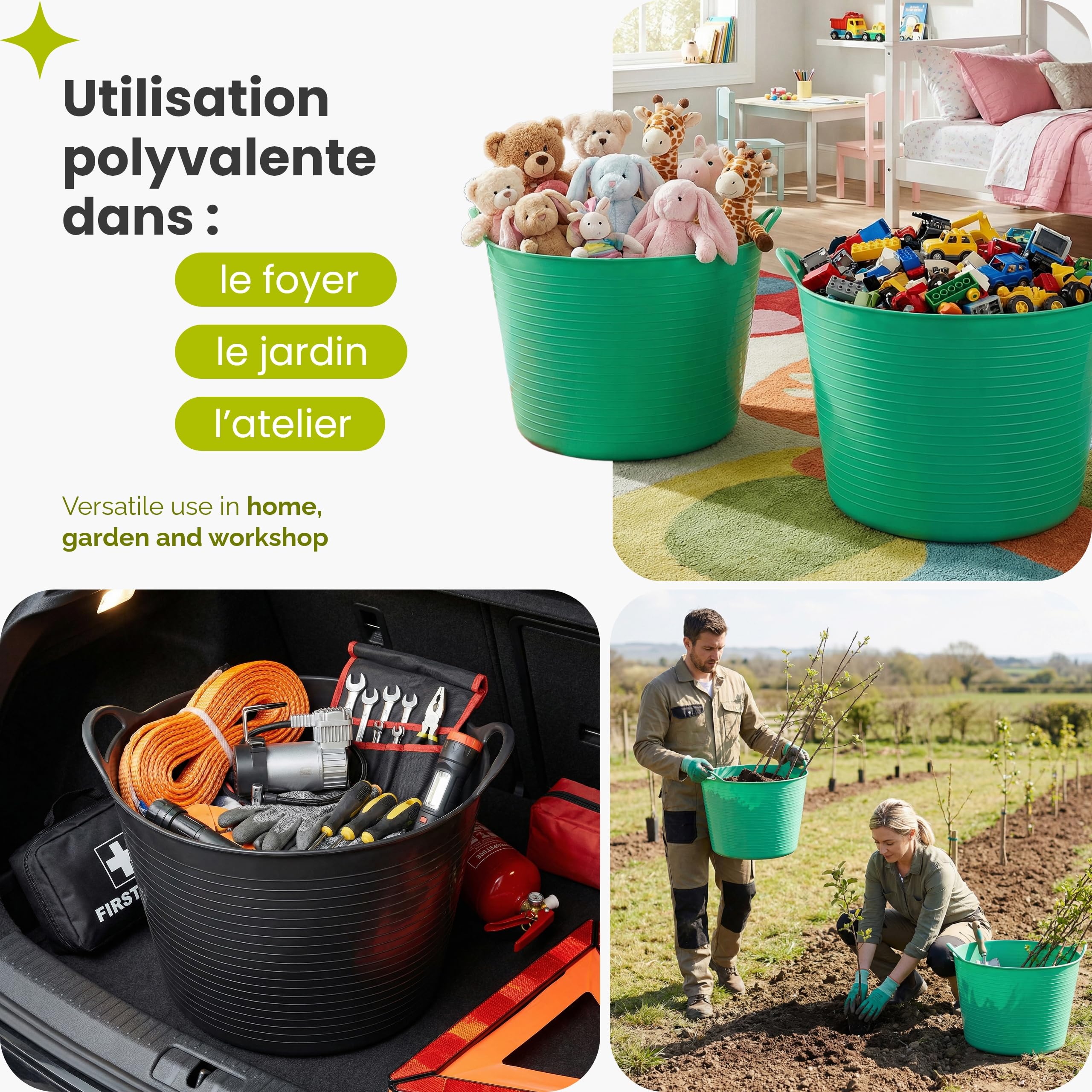 Garronda Lot de 4 seaux flexibles en polypropylène 42 L bacs universels usage maison jardin garage atelier coffre rangement transport poignées intégrées robustes GD-0184, Orange