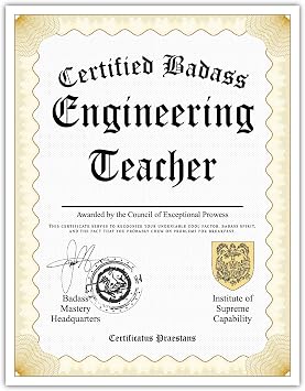 Certified Badass Engineering Teacher Diploma| Funny Personalized Career Gag Gift Idea Novelty Award Certificate